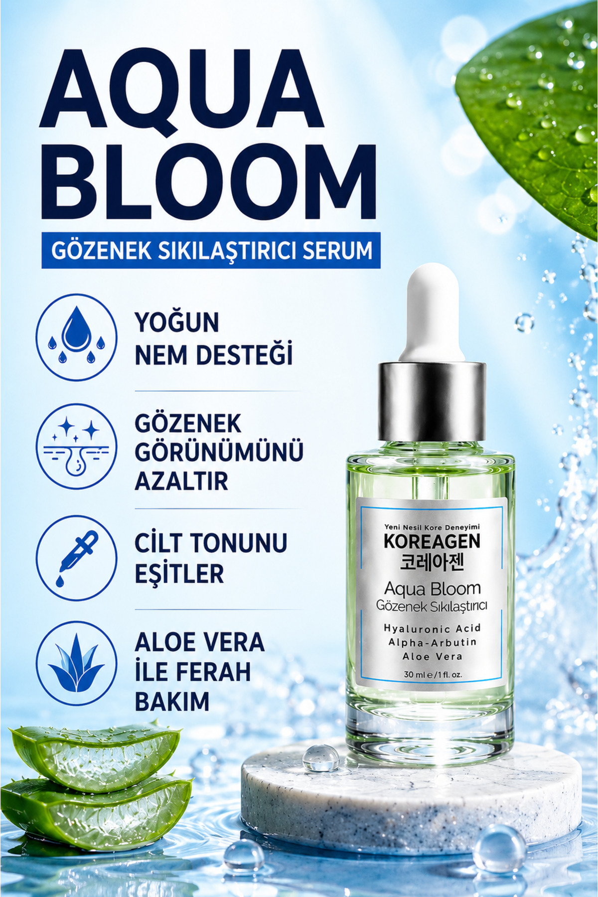 Koreagen Aqua Bloom Gözenek Sıkılaştırıcı Serum Hyaluronik Asit Serum Alpha Arbutin Serum Cilt Tonu Eşitleyici Nemlendirici Yüz Serumu — Aqua-01
