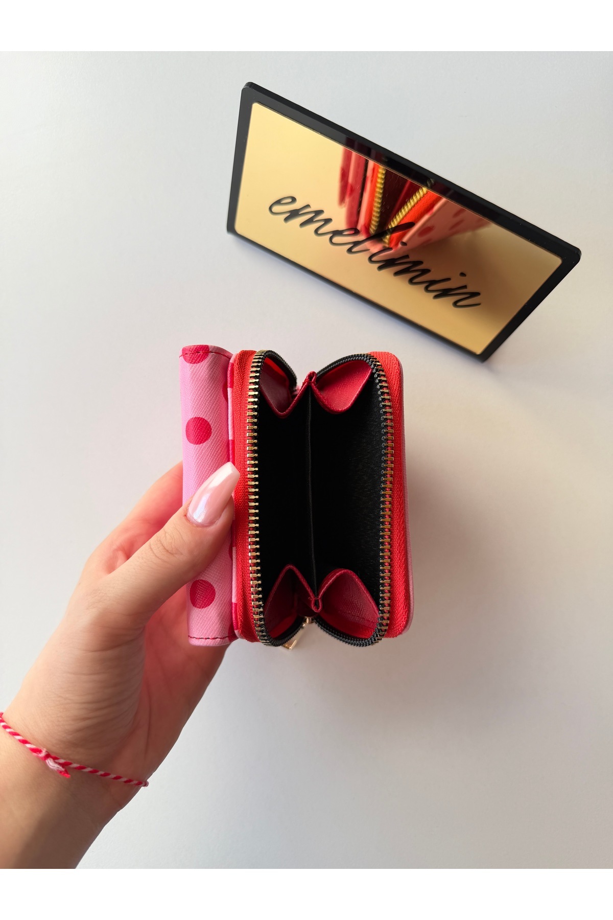 emelimin Kadın Pembe-Kırmızı Puantiyeli Fermuarlı Mini Cüzdan | Çok Bölmeli Kartlık & Bozuk Para Bölmeli görsel 4