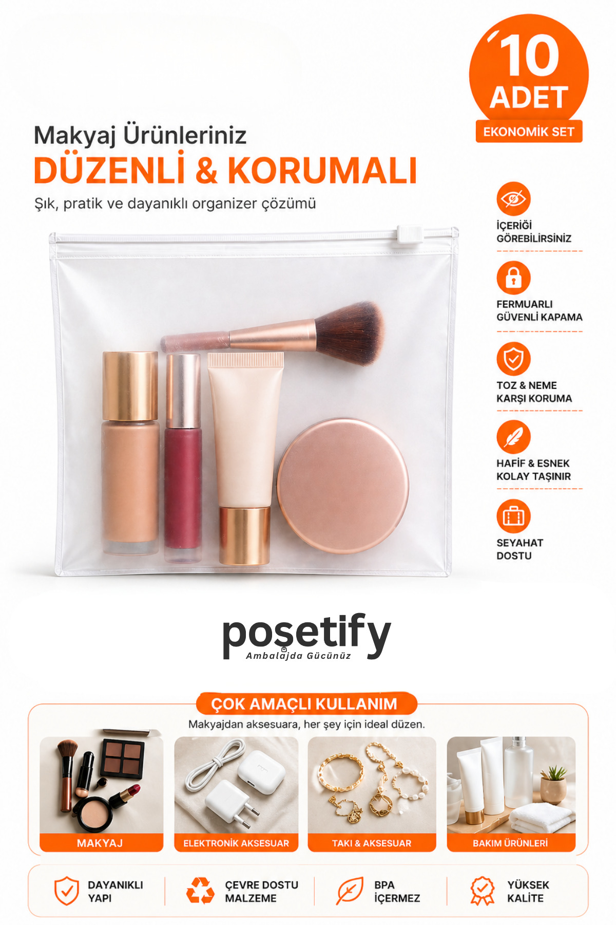 Fermuarlı Organizer 20x20 Cm | 1 Adet | Buzlu Şeffaf Makyaj Çantası, Kozmetik ve Çok Amaçlı Torba — PS-FO-2020-01 — تصویر 2 از 8