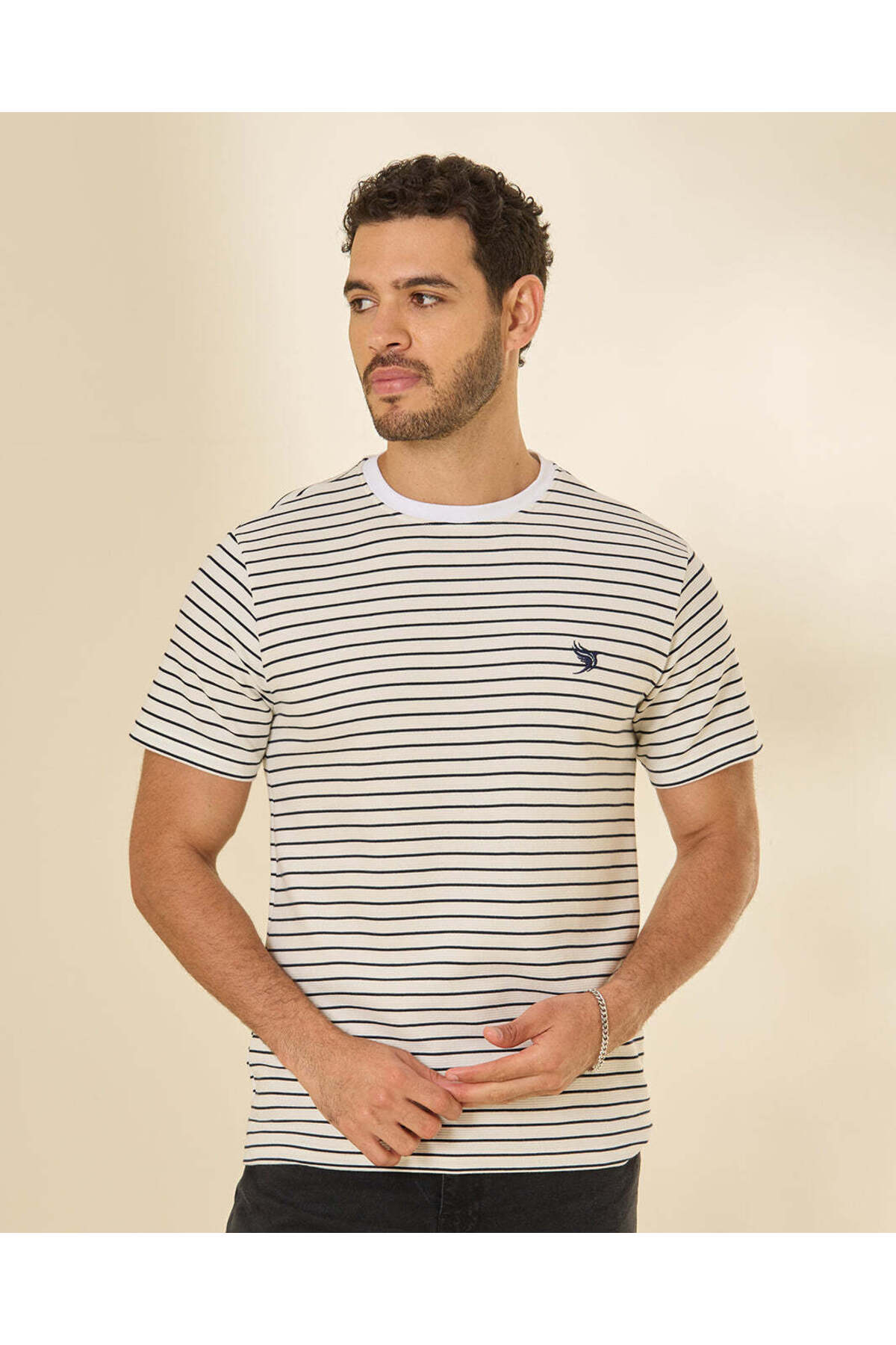 REDTAG Men White Striped Jacquard T-Shirt