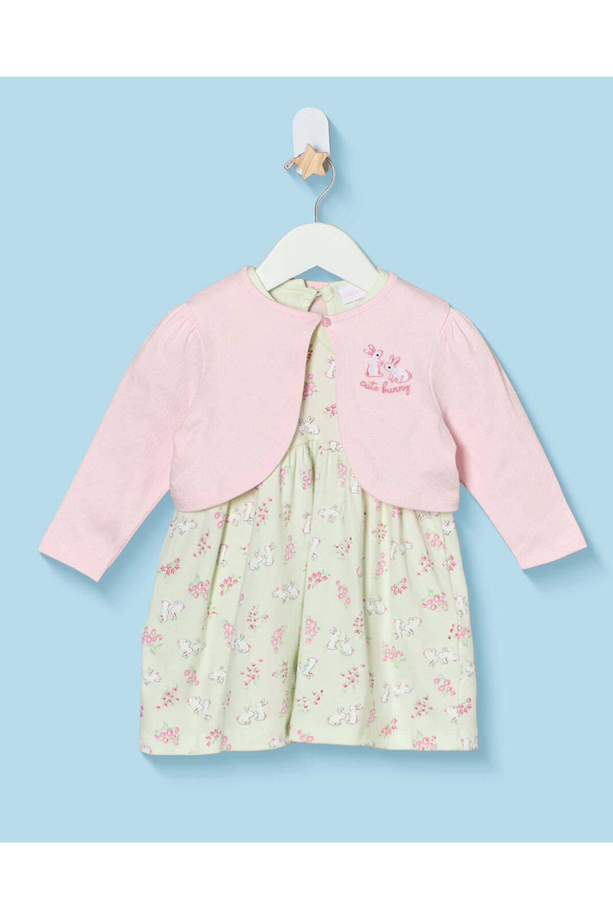 REDTAG Infant Girls Green All Over Print Dress With Pink Shrug