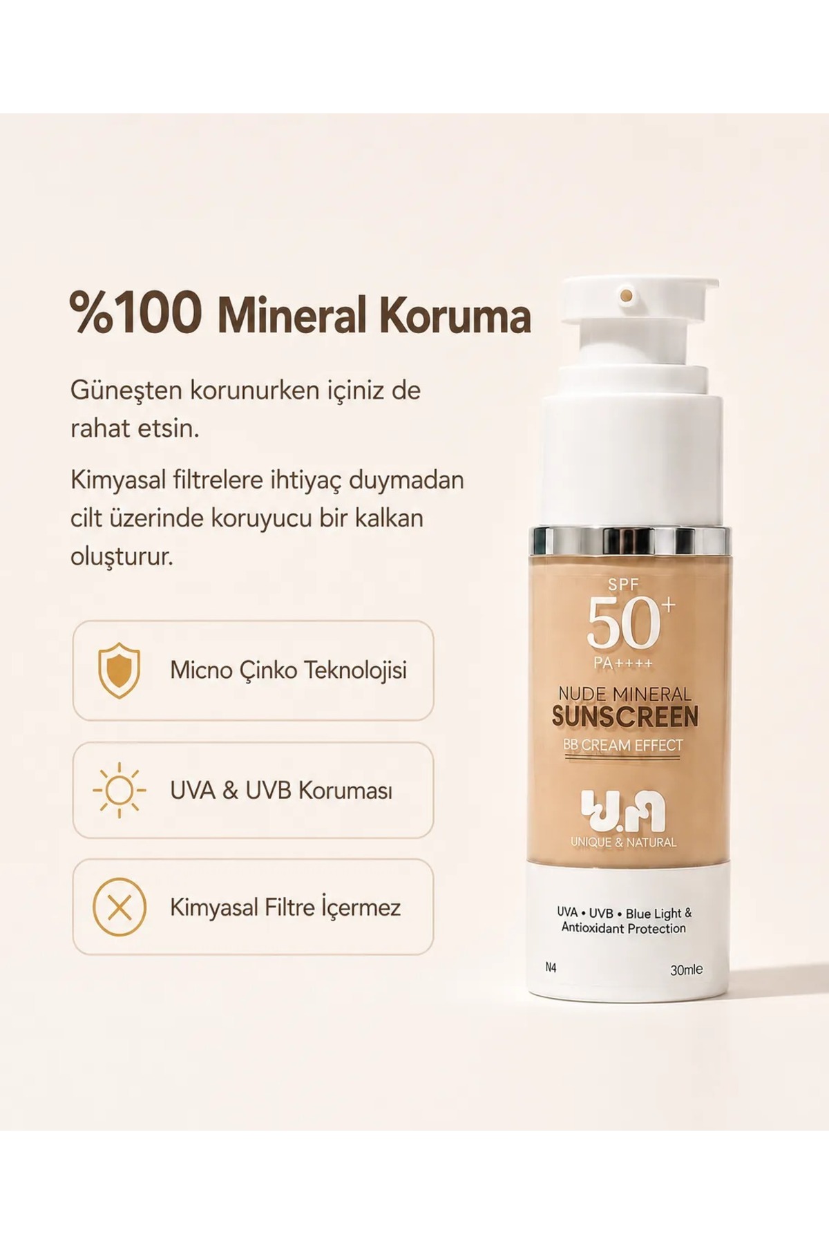 BB Krem Etkili %100 Mineral Filtreli Nude Güneş Kremi - 50+ SPF — gunes-kremi-nude — تصویر 3 از 6