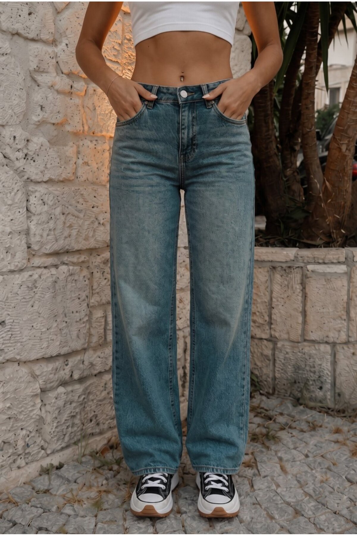 Kadın Vintage Efektli Yüksek Bel Esnek Wide Leg Jeans KOYU MAVİ 3