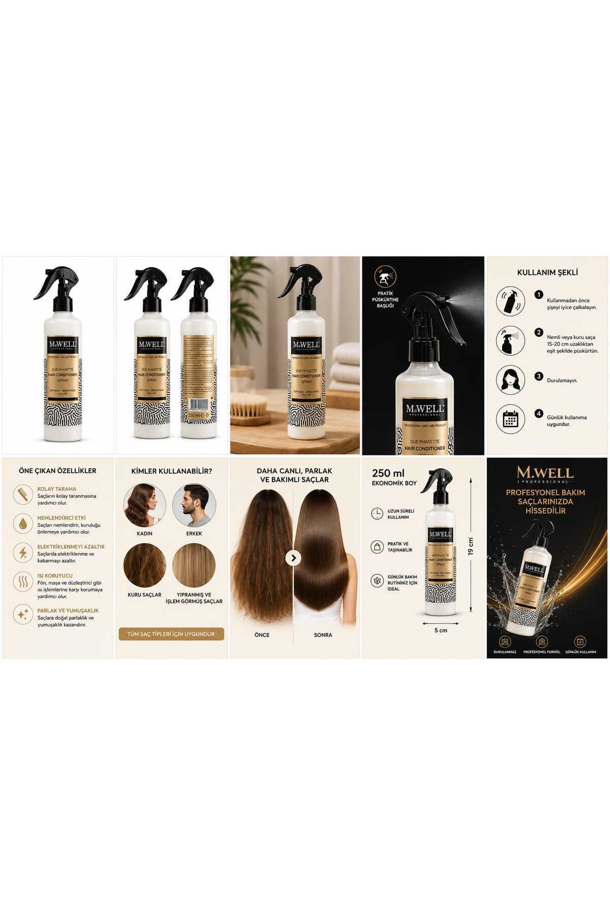 M.WELL Hair Conditioner Spray 400 ml | İki Fazlı Saç Bakım Spreyi | Kolay Tarama, Nemlendirici ve Isı Koruyucu — mwell — تصویر 3 از 4