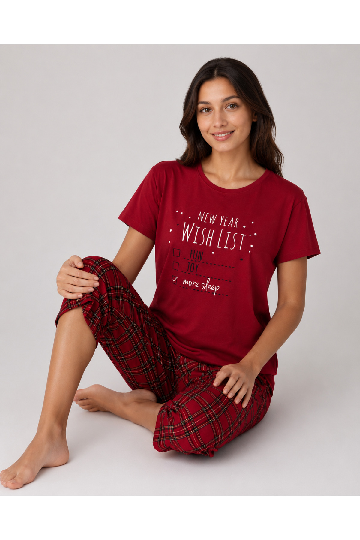 Pijamask Kadın Bordo Ekose Kapri Pijama Takımı Bisiklet Yaka Kısa Kollu Rahat Ev Giyim (P100-887)