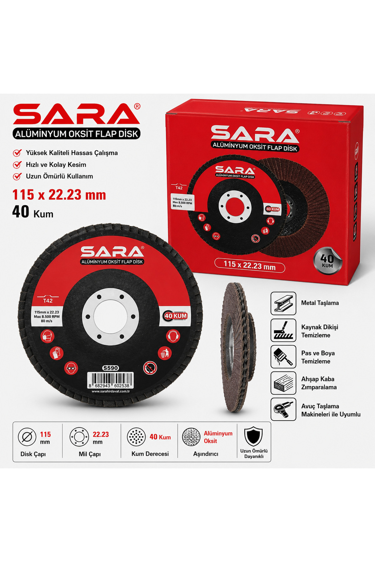 SARA Alüminyum Oksit Flap Disk Zımpara 115 mm x 22.23 mm 40 Kum 1