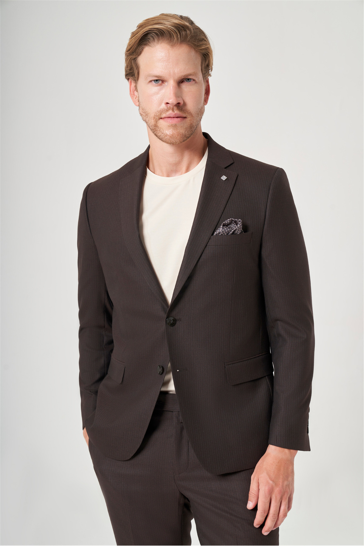 İmza Kahverengi-Antrasit Mono Yaka Çizgili 6 Drop Slim Fit Tam Astar Esnek Takım Elbise 1001260901 görsel 3