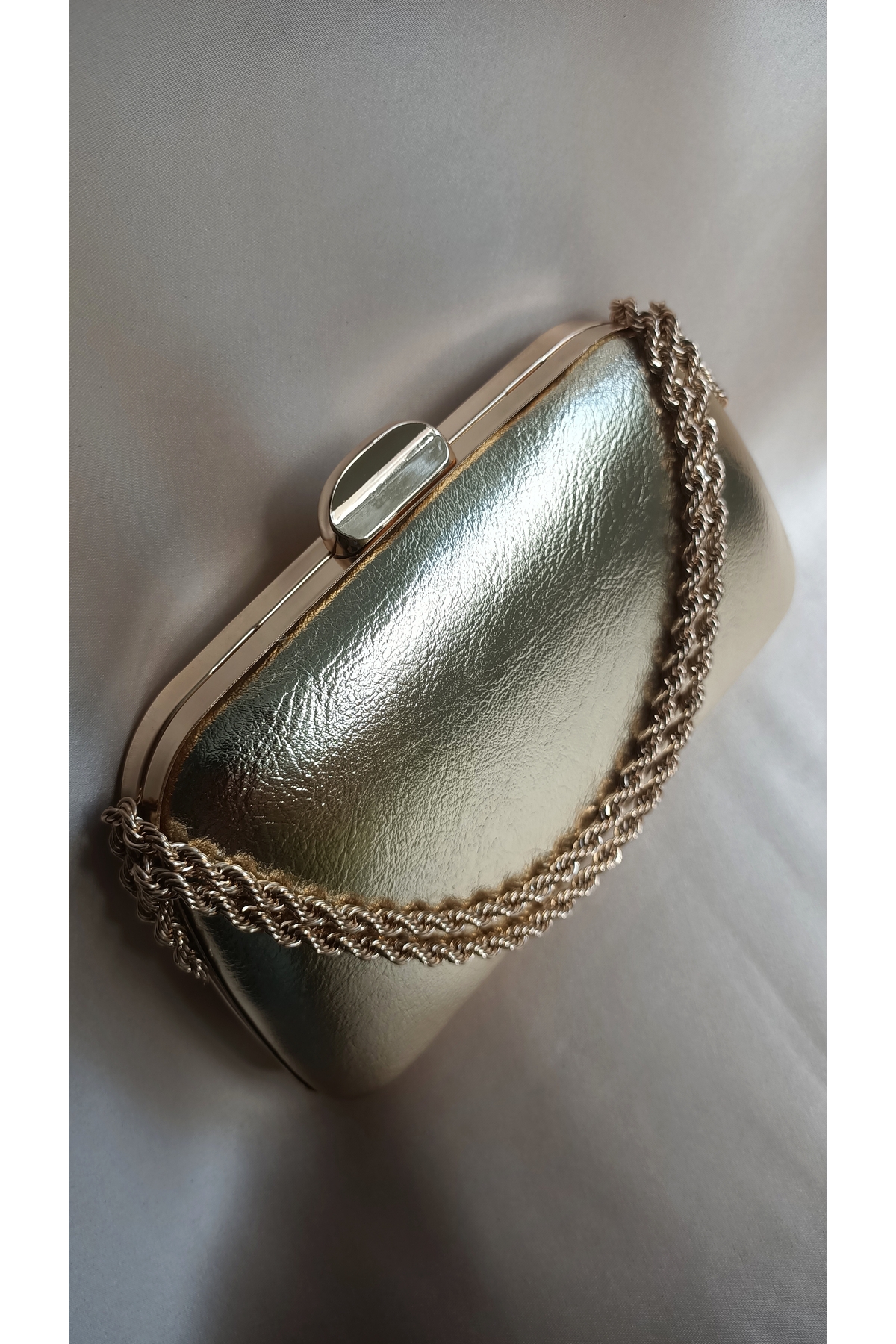 Gül karatekin gk Kadın Metalik Gold Burgu Zincirli Portföy Özel Gün Düğün Nişan Clutch Abiye Çanta görsel 4