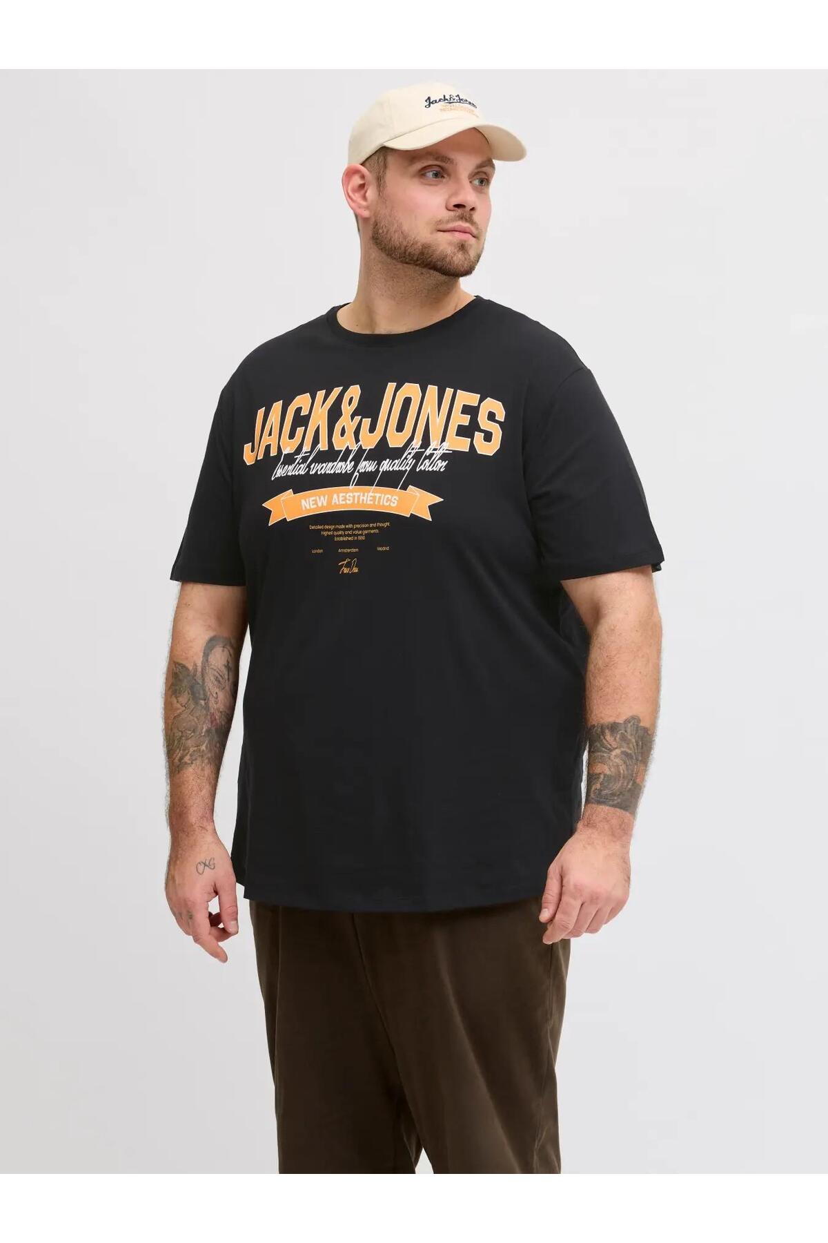 تی‌شرت مردانه مشکی Jjelogo مدل SS O-neck 2 Color SS26 Sn Pls سایز بزرگ جک اند جونز تی شرت بزرگ سایز Jack & Jones