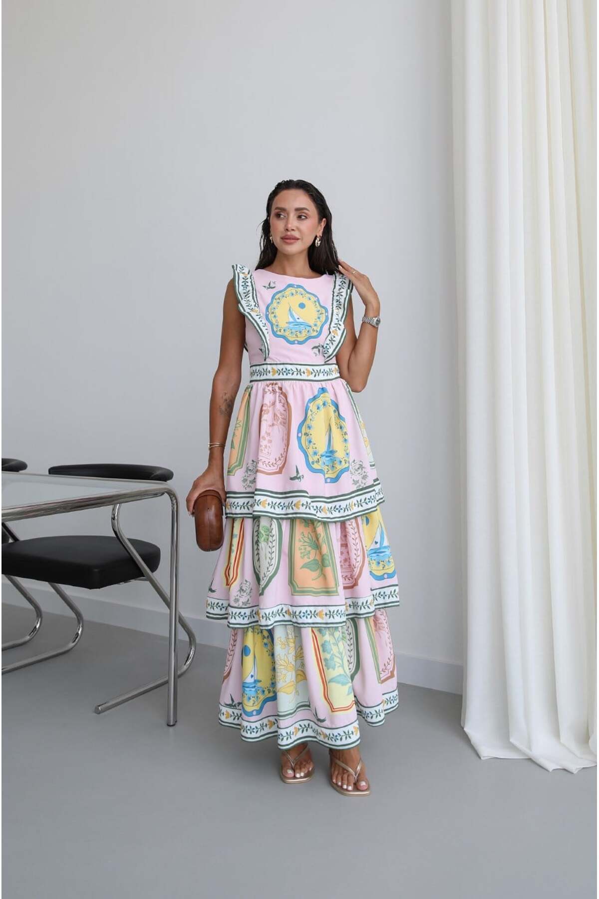Havoş Pink Marine Patterned Maxi Dress