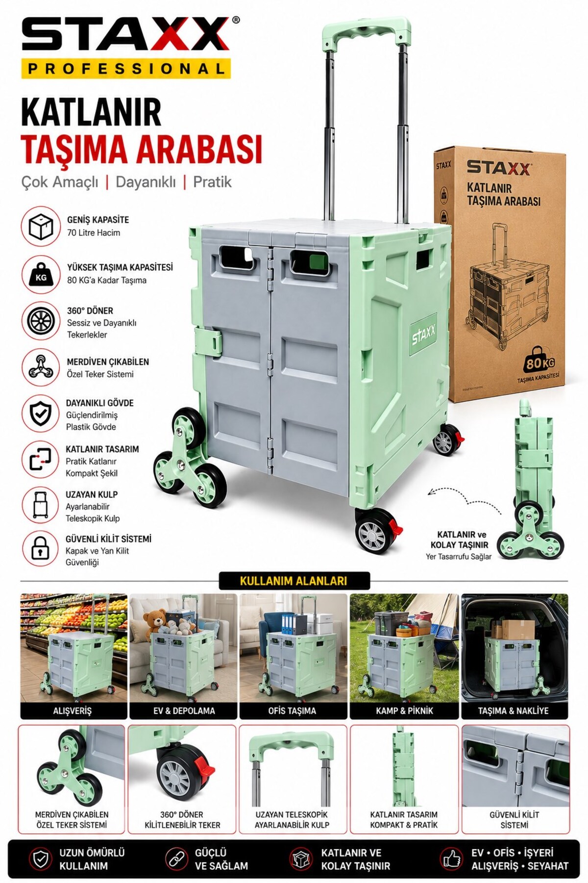STAXX POWER 100 kg Katlanır Taşıma Arabası – 70 L Katlanabilir Kasa – Merdiven Çıkan 360° Teker – Kamp • Market