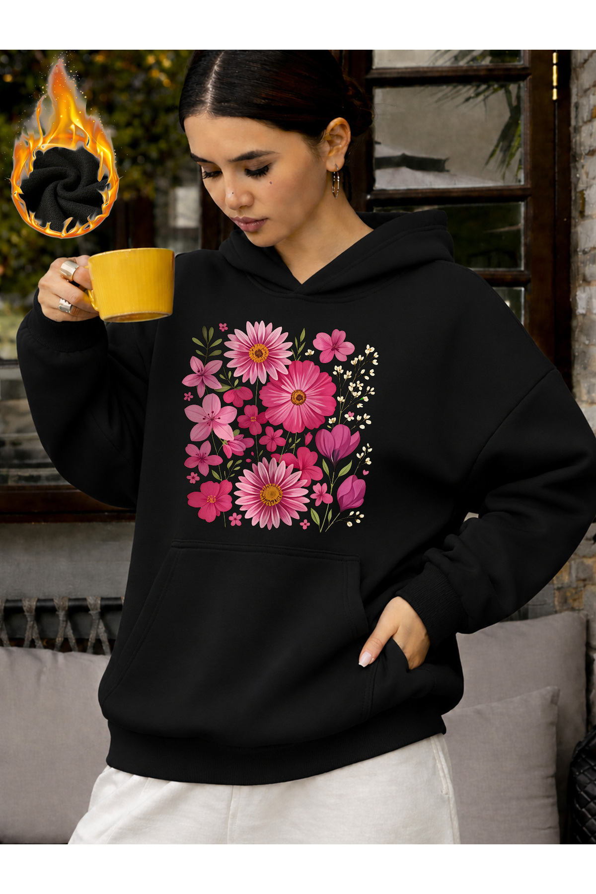 mercoledi Unisex Floral Heart Printed Hooded Kangaroo Pocket Comfortable Fit Regular Cut Sweatshirt