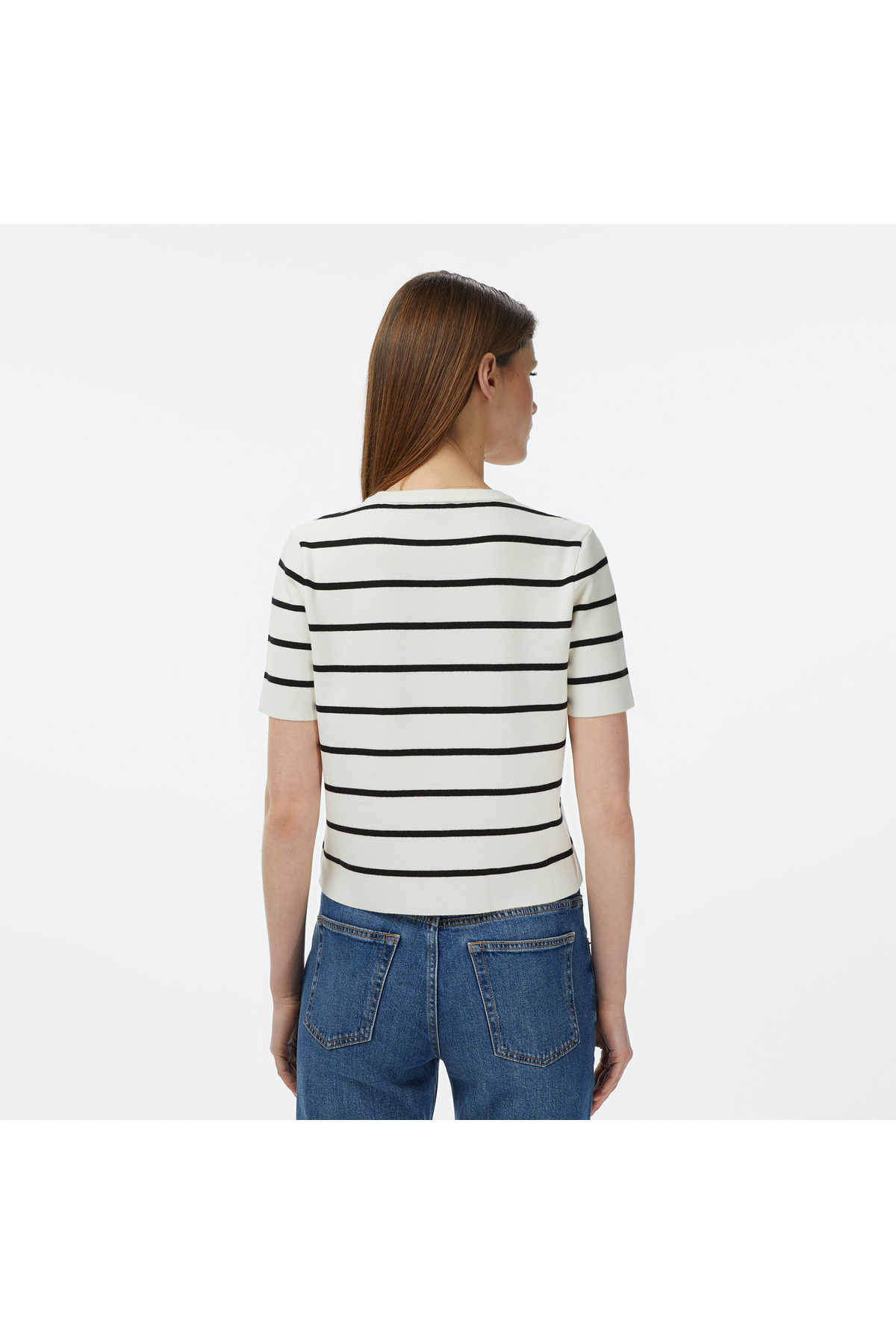 Nautica Kadın Krem Slim Fit Kısa Kollu Çizgili Triko Hırka görsel 2