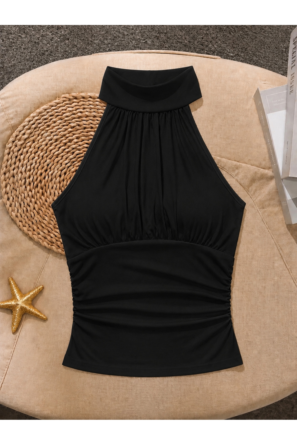 poswicon siyah Halter Yaka Büzgülü Drapeli Şık crop Bluz
