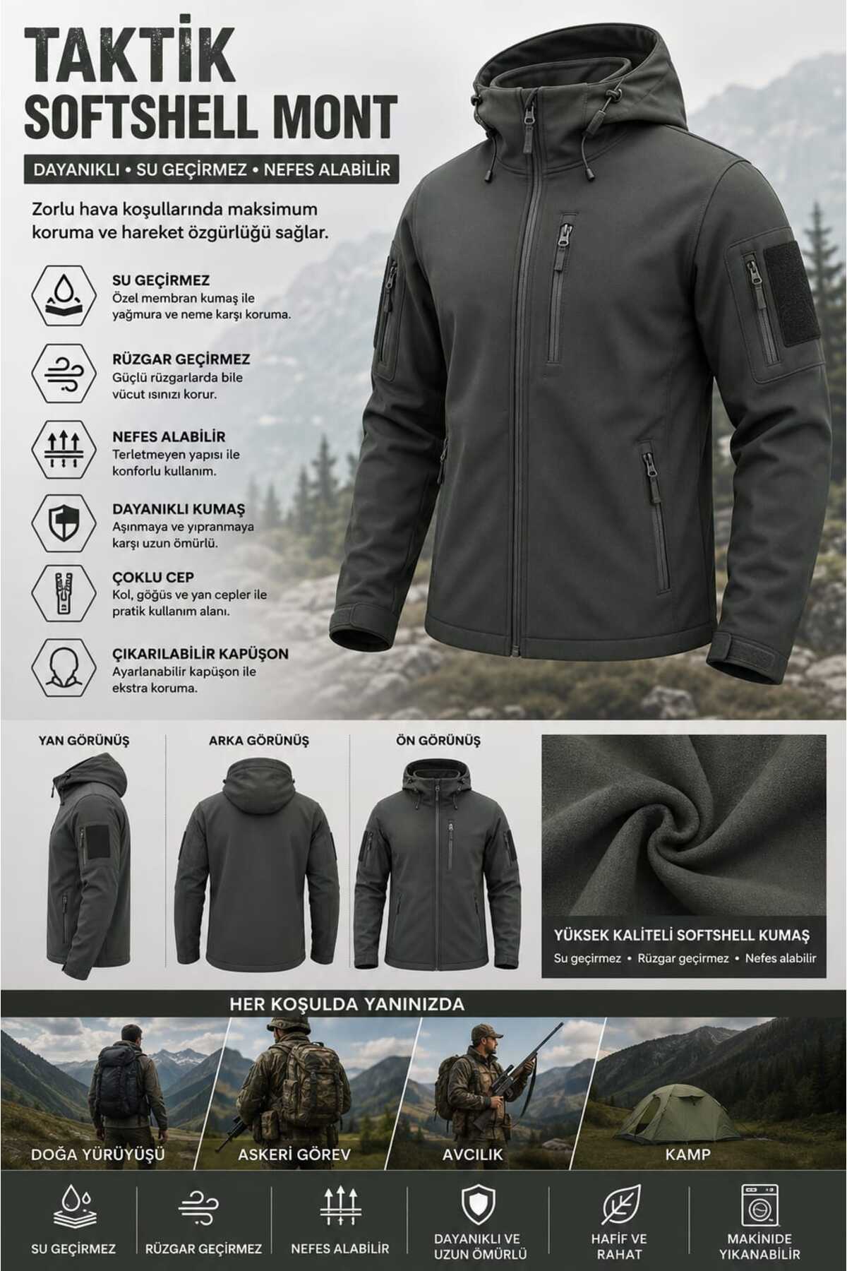 Taktik Softshell Mont – Su Geçirmez, Rüzgar Geçirmez, Nefes Alabilir Outdoor Mont — خاکستری 0113
