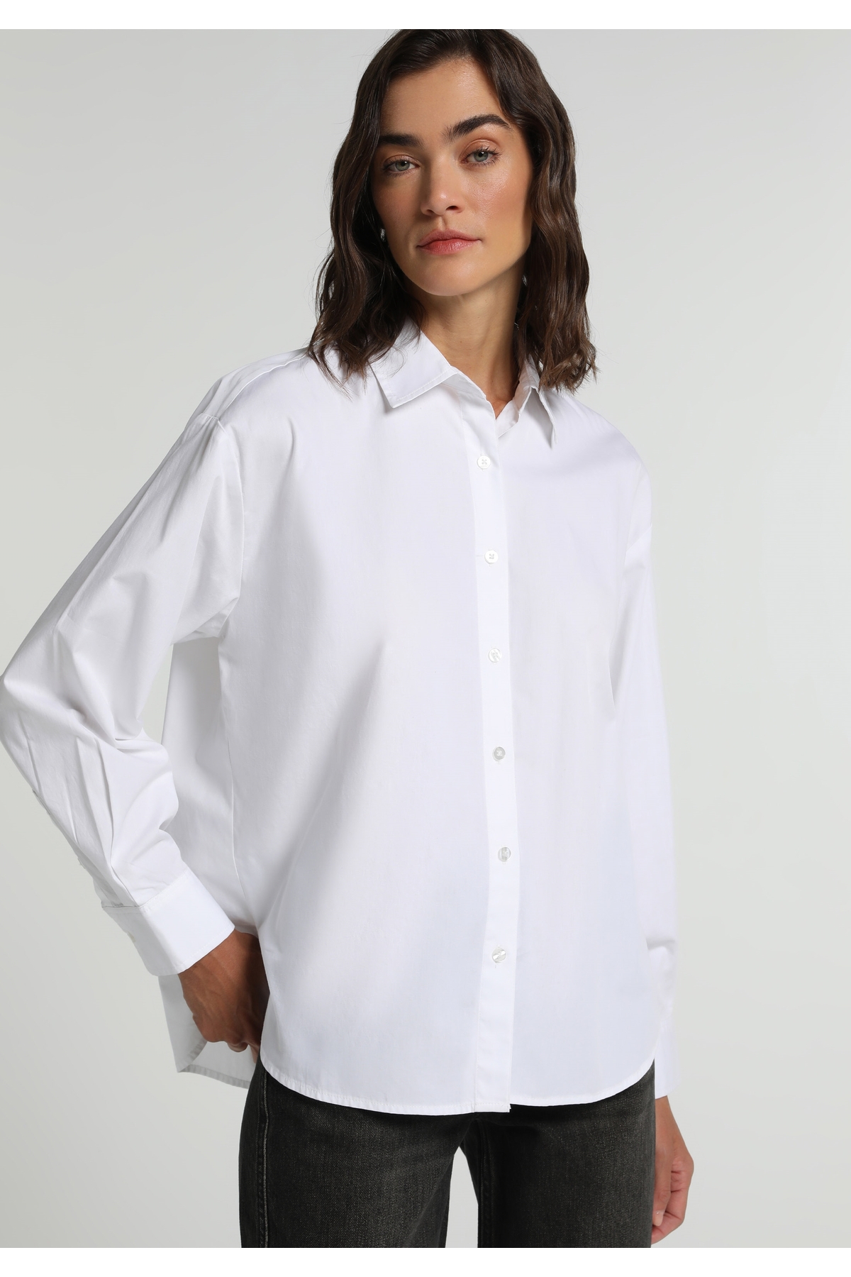 Colin's Boyfriend Fit Shirt Neck Düz Kadın Beyaz Uzun Kol Gömlek