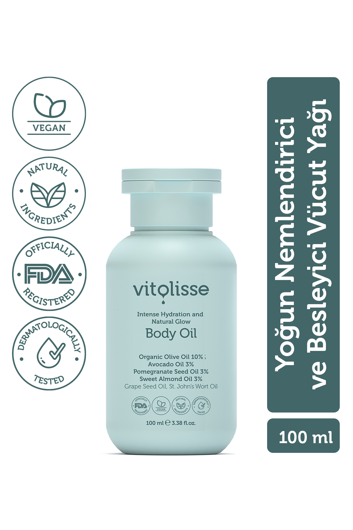 Vitolisse Vücut Bakım Yağı 100ml – Hızlı Emilen Yoğun ve Uzun Süreli Nemlendirici Vegan (%10 Organic Olive Oil) — VIT102