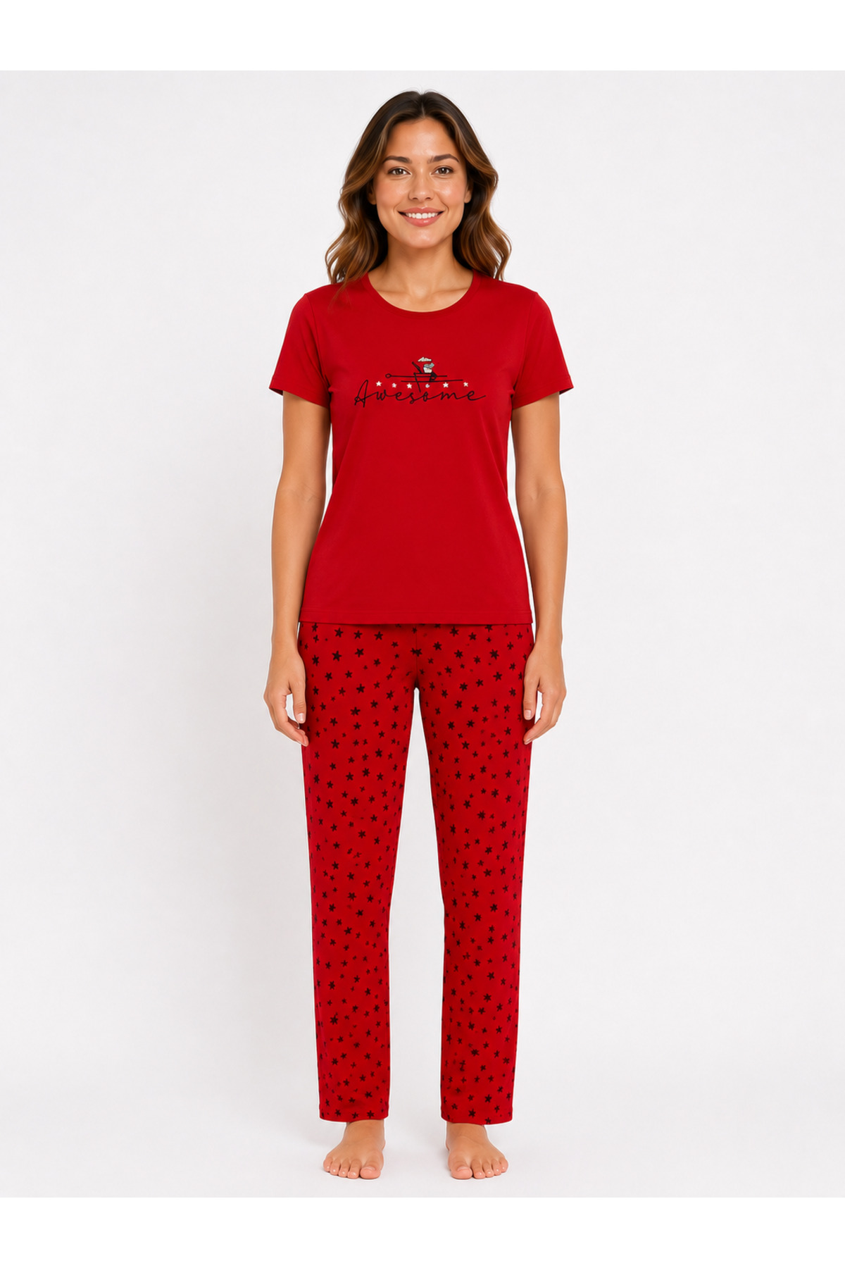 FAMES PİJAMA Women's summer short sleeve awesome red pajama set