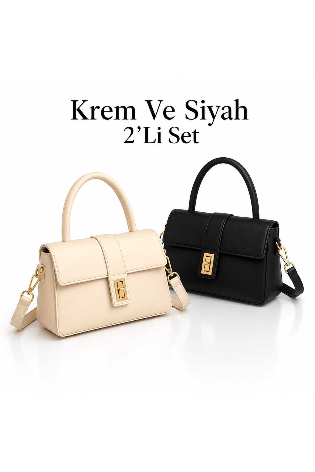 METEBAGS Krem Ve Siyah 2'Li Set Çapraz Askılı Suni Deri Kadın El & Omuz Çantası