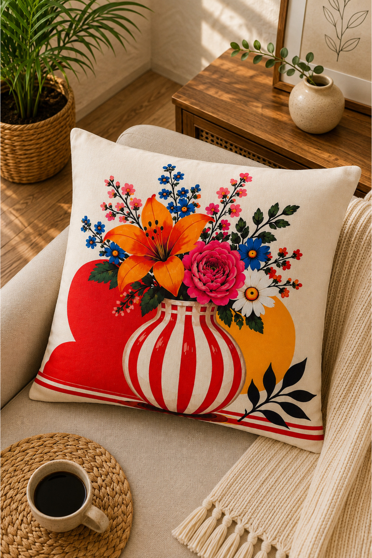 Dijital Baskılı Dekoratif Kırlent Kılıfı 43x43 cm – Modern Desenli Keten Dokulu