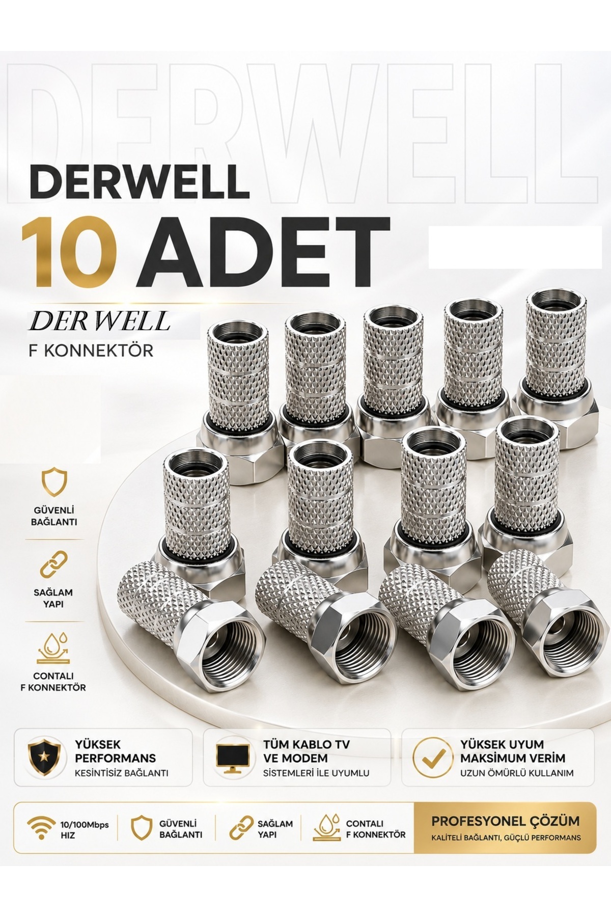 10 Adet Premium Vidalı RG6 F Konnektör - Siyah Contalı Yüksek Kaliteli Paslanmaz Uydu Anten Kablo Fişi Jak Aparatı - LNB, Çanak Anten ve Merkezi Sistem Uyumlu Kesintisiz HD Sinyal Koruyucu Başlık