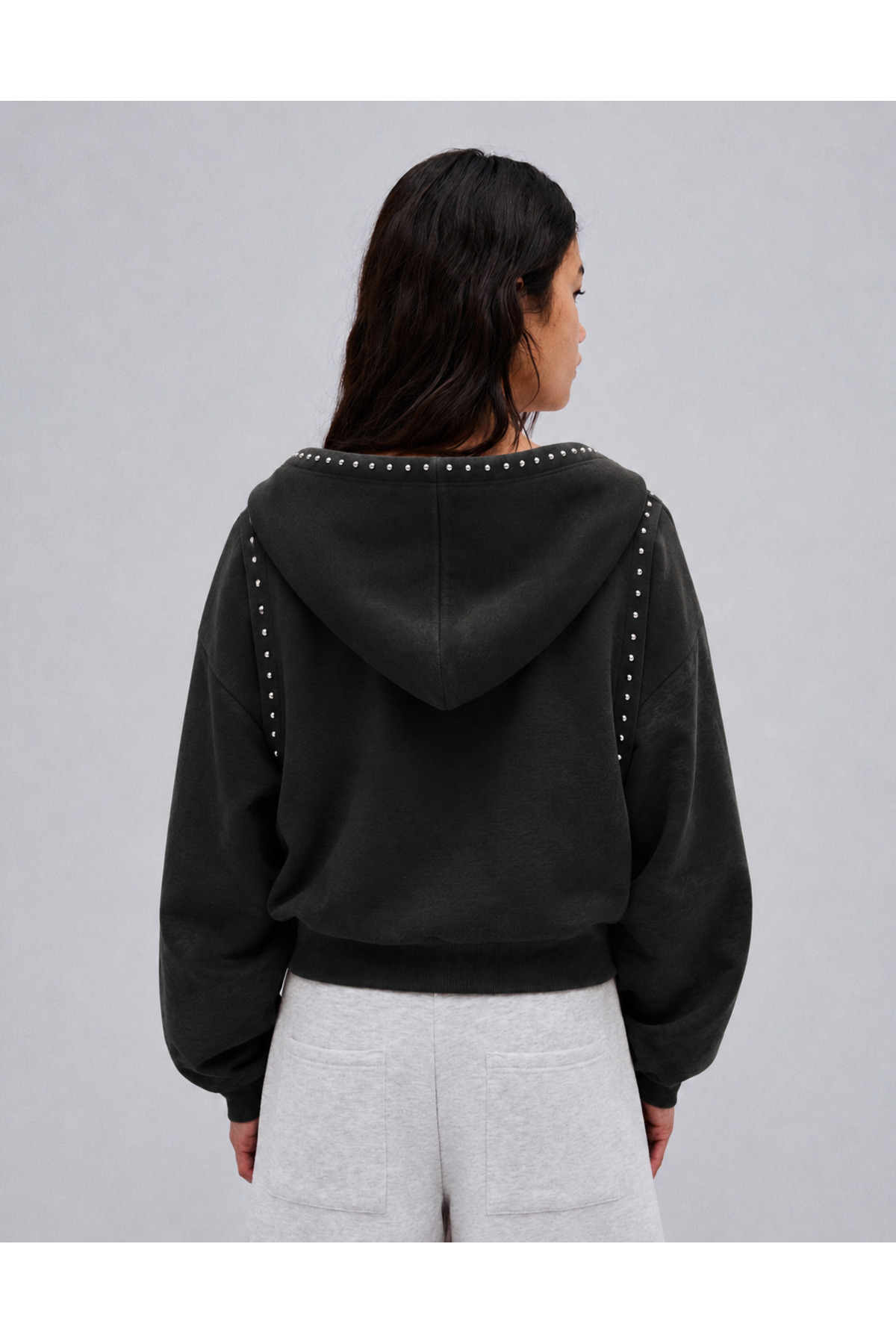 Genel Markalar Kadın Kapüşonlu Fermuarlı Yıldız Detaylı Oversize Hoodie Hırka görsel 4