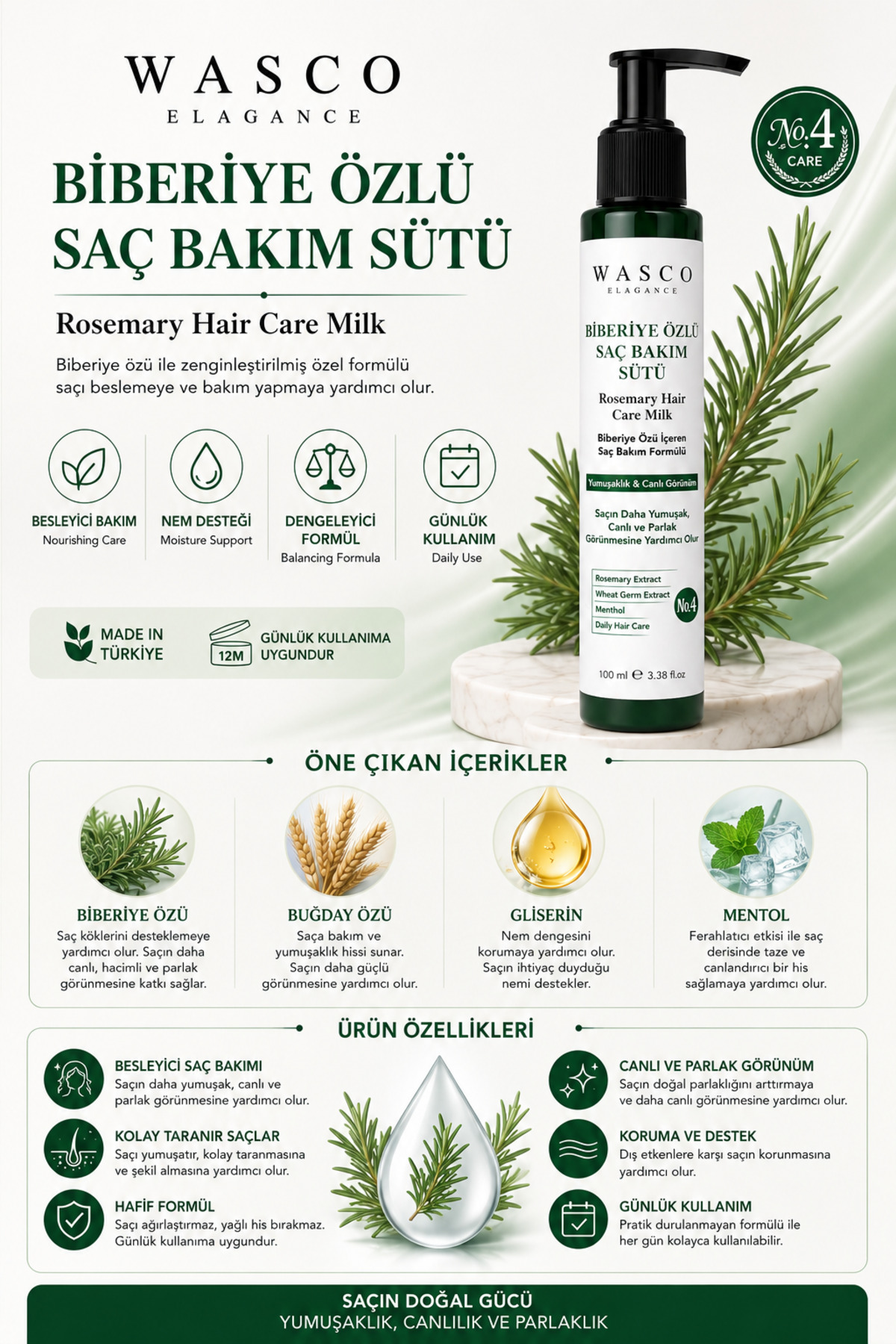 Biberiye Özlü Saç Bakım Sütü 100 ml – Parlak, Yumuşak ve Canlı Görünümlü Saçlar İçin Günlük Saç Bakımı — wascosaçsüt — تصویر 2 از 4