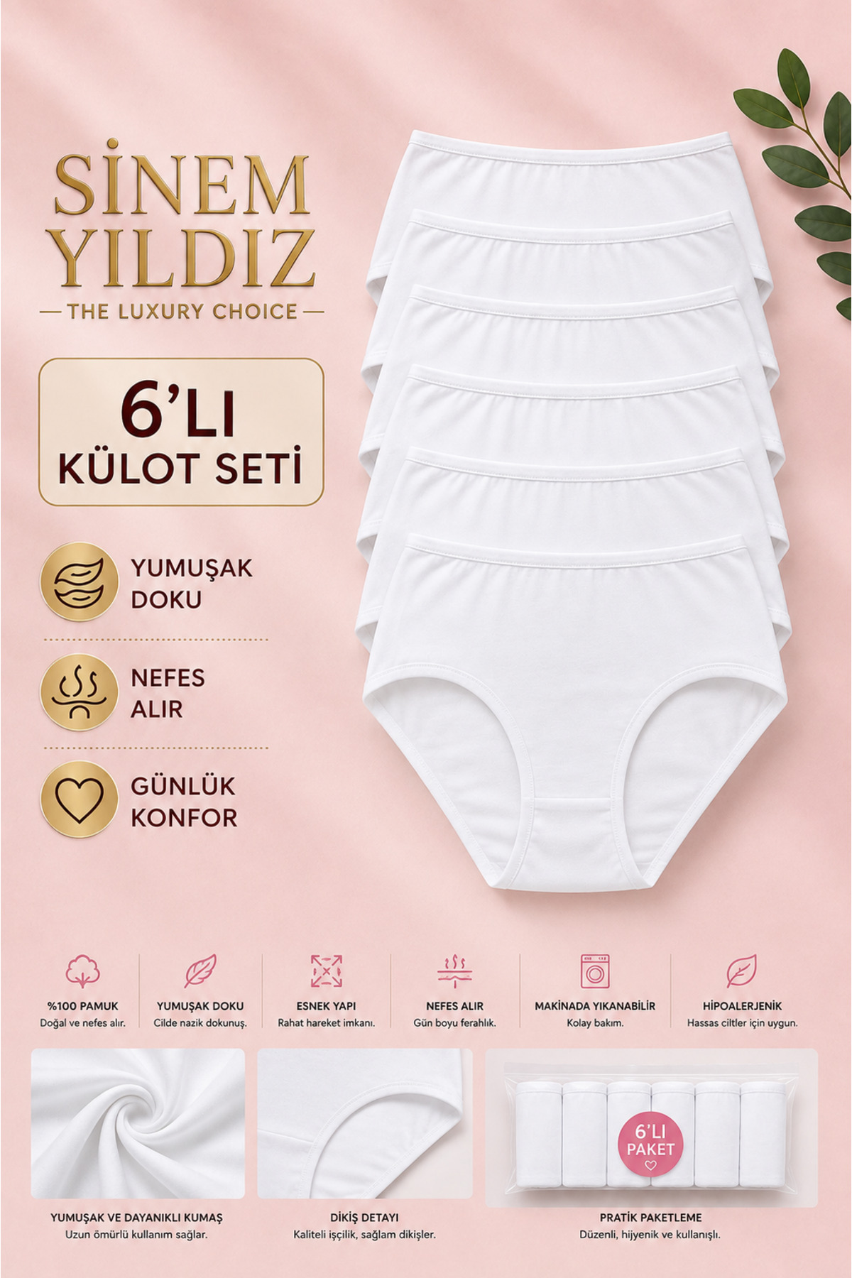 Sinem Yıldız Çamaşırları Sinem Yıldız Kadın %95 Pamuk Yüksek Bel Külot 6’lı Paket