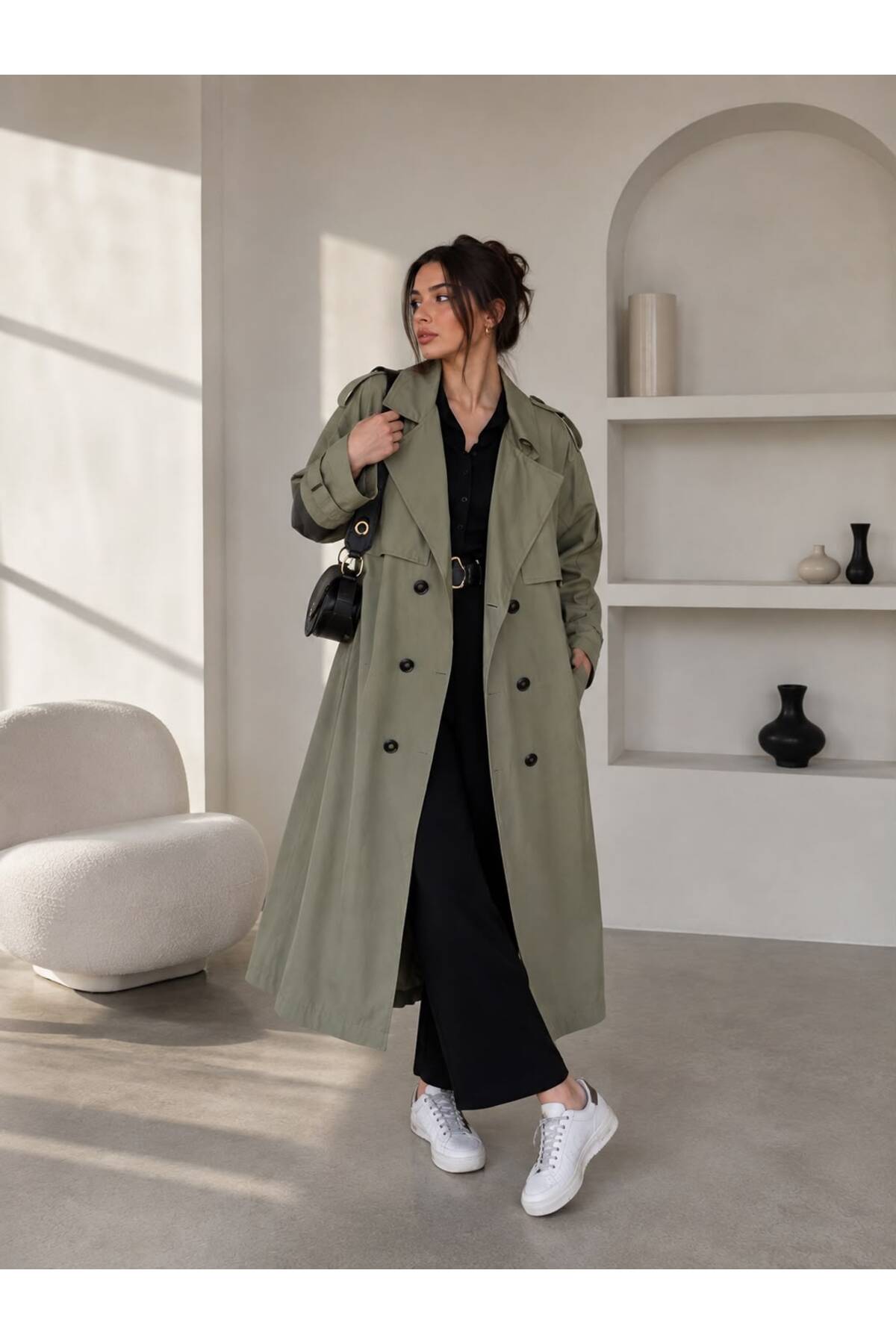 motix Oversize Kuşaklı Çift Katmanlı Trençkot, Şık ve Modern Tasarım görsel 6
