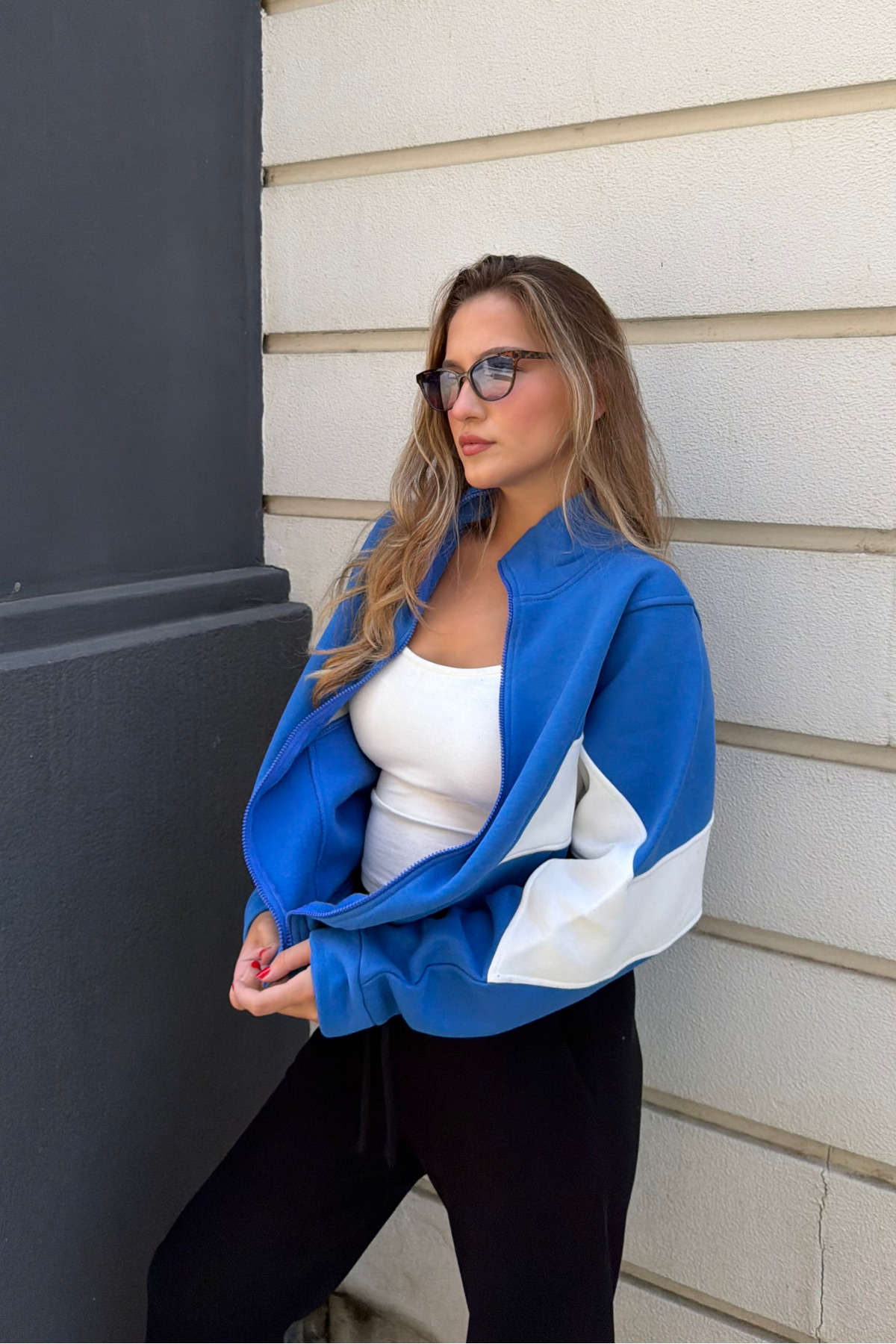 macharel jeans Saks Mavi Dik Yaka Cepli Fermuarlı Sweat Hırka görsel 3