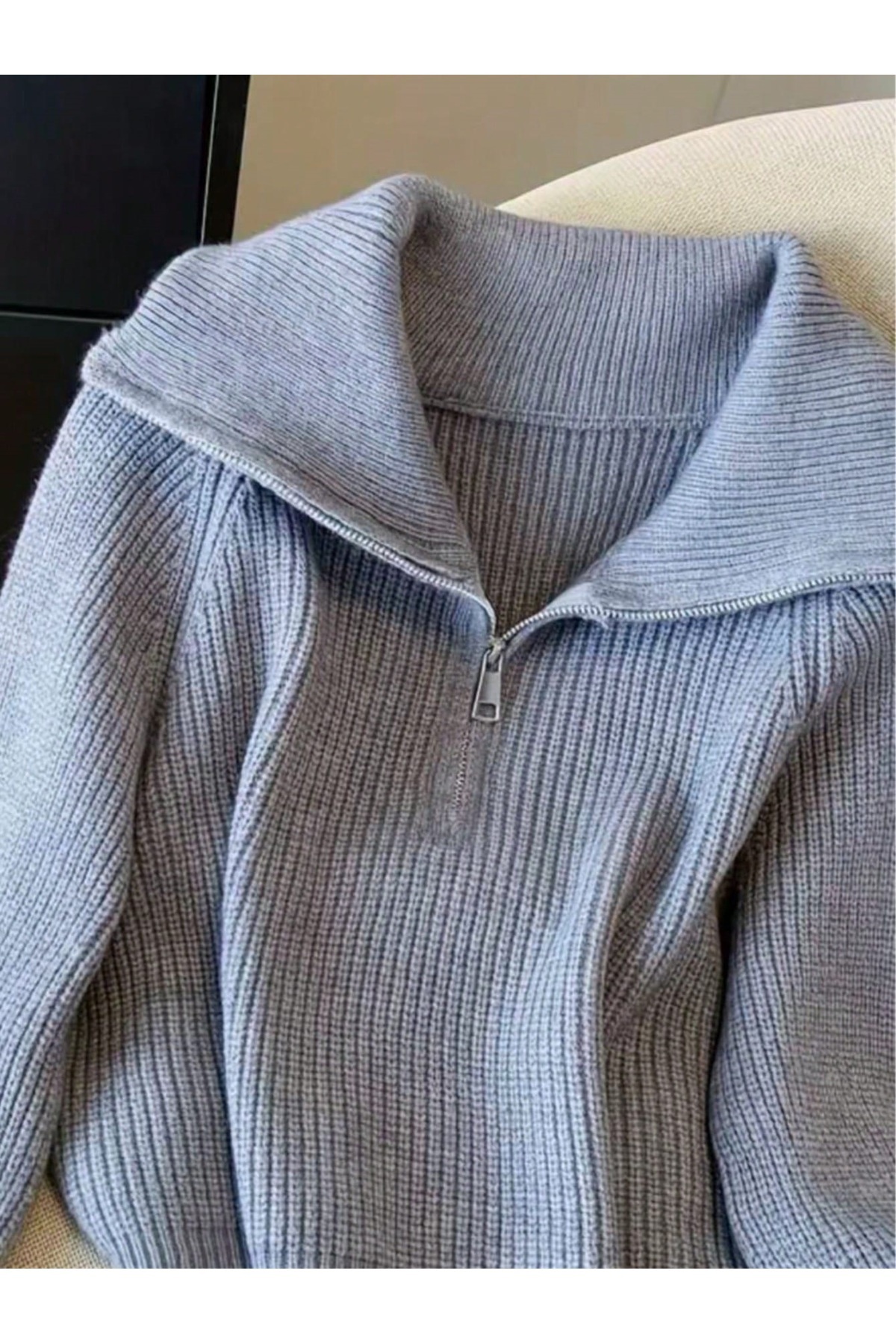 POİNE Kadın Devrik Yaka Oversize Selanik Örgü Fermuarlı Triko Kazak görsel 2