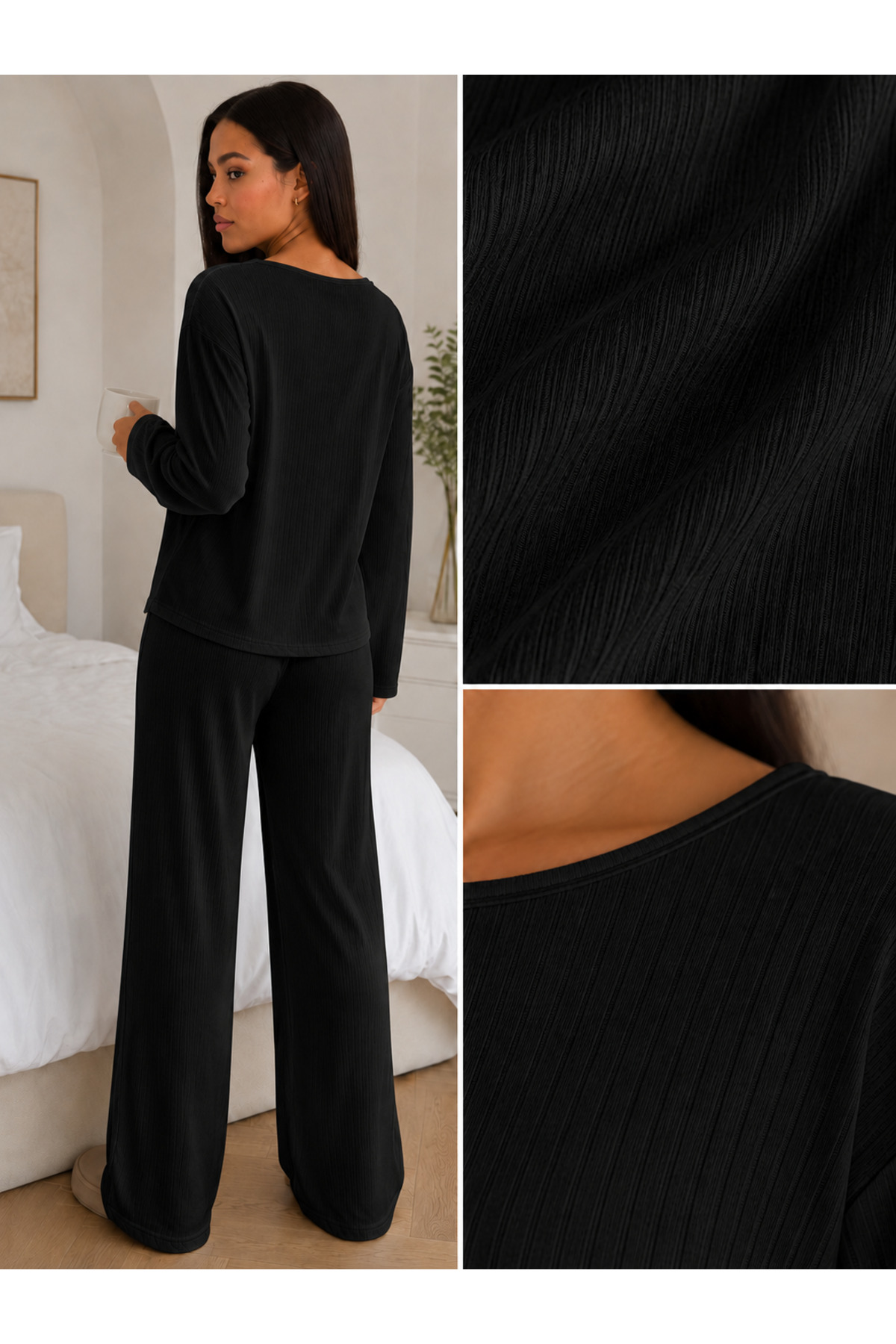 ÖZ PAMUK Kadın Uzun Kollu Raporlu Kumaş Şardonlu SOFT Pijama Takımı, Rahat Kesim Bisiklet Yaka Alt Üst Takım görsel 4