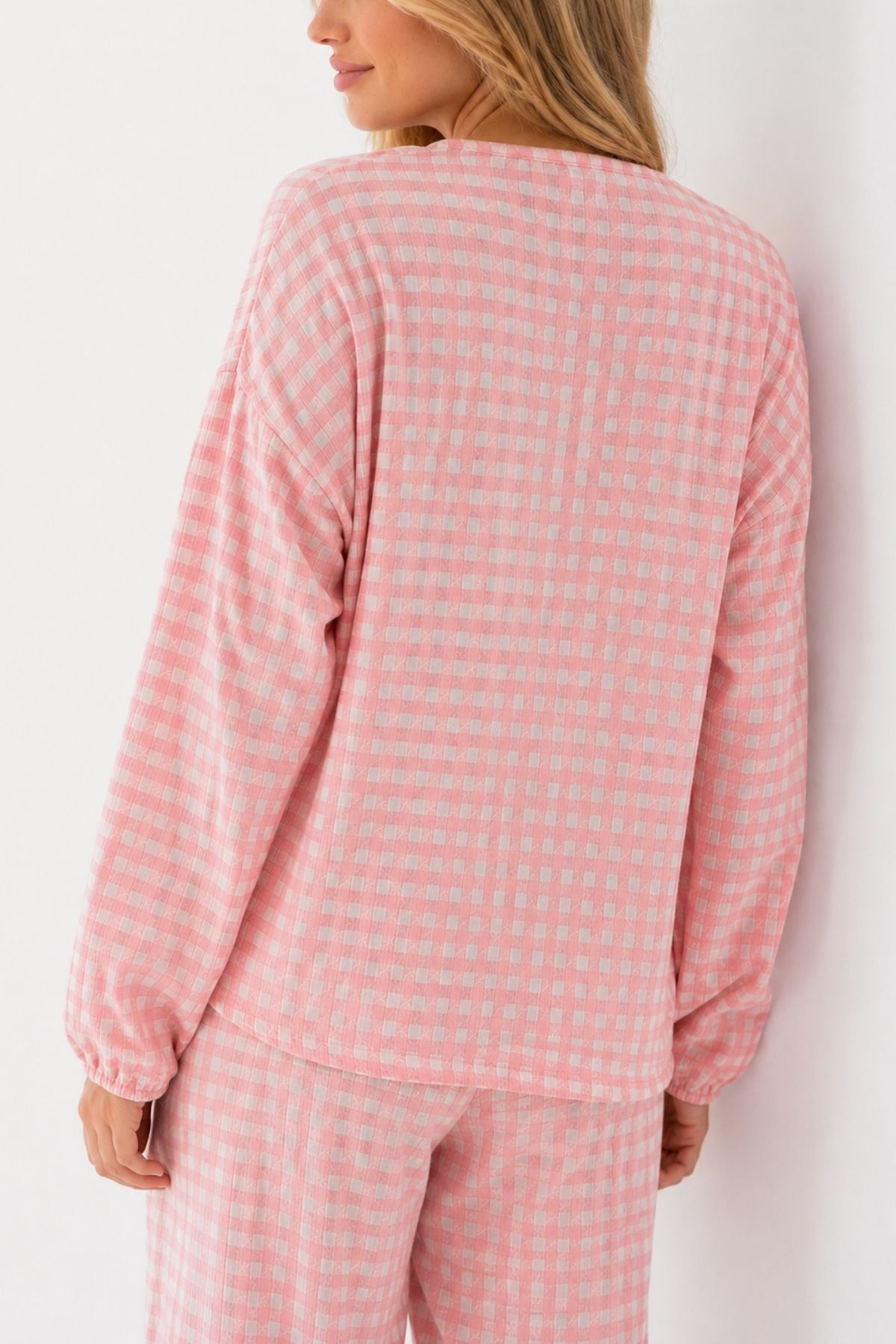BELLA NOTTE Pembe Beyaz Pötikare Fisto Fırfır Detaylı Uzun Kollu Pijama Takımı görsel 4