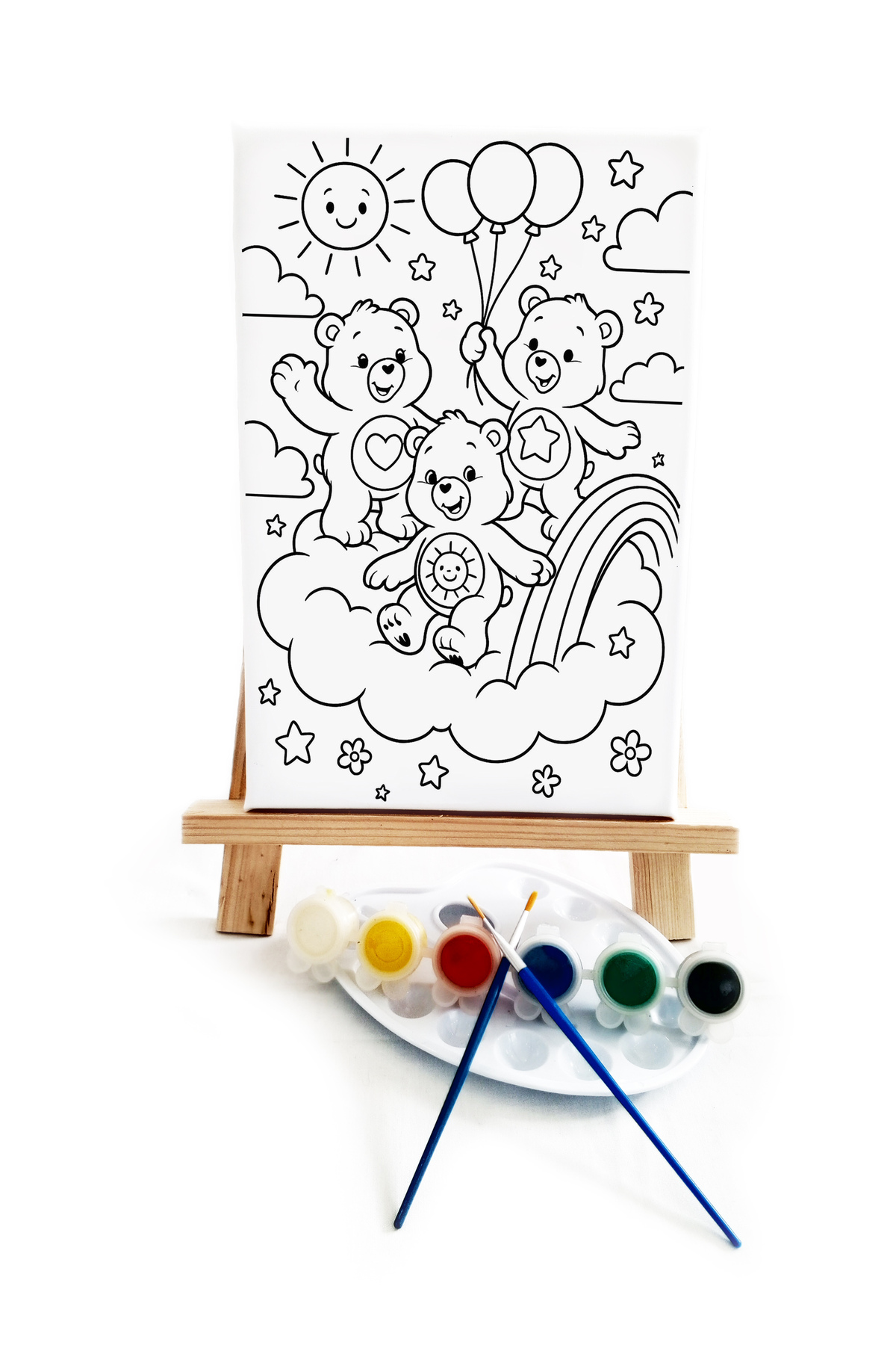Ayıcıklar Çocuk Ressam Seti - 20x30 cm Önçizimli Tuval, 2 Adet Fırça, Palet, Boyalar ve Şövale