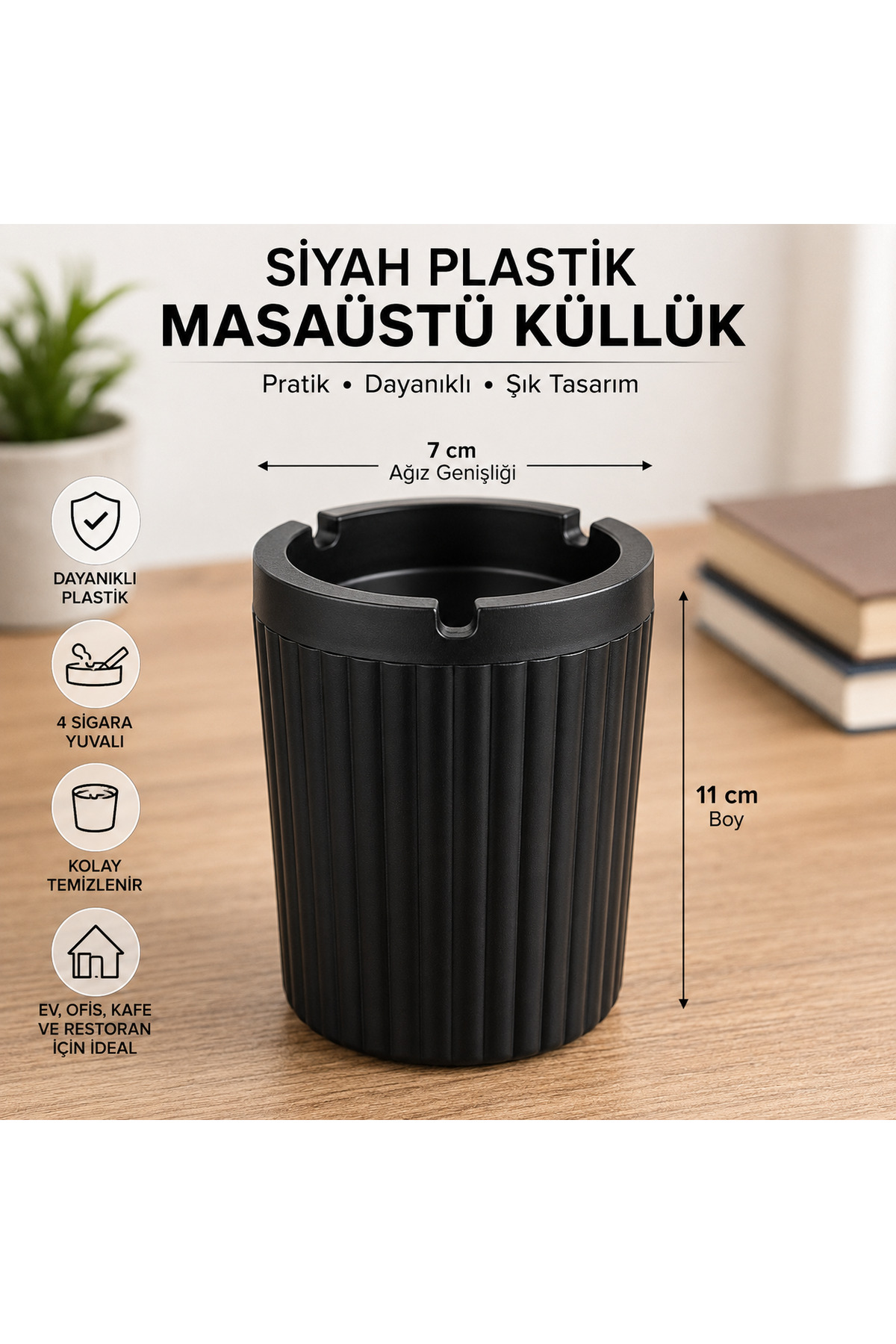 Han Tobacco Siyah Plastik Masaüstü Küllük 11 cm – Çizgili Kül