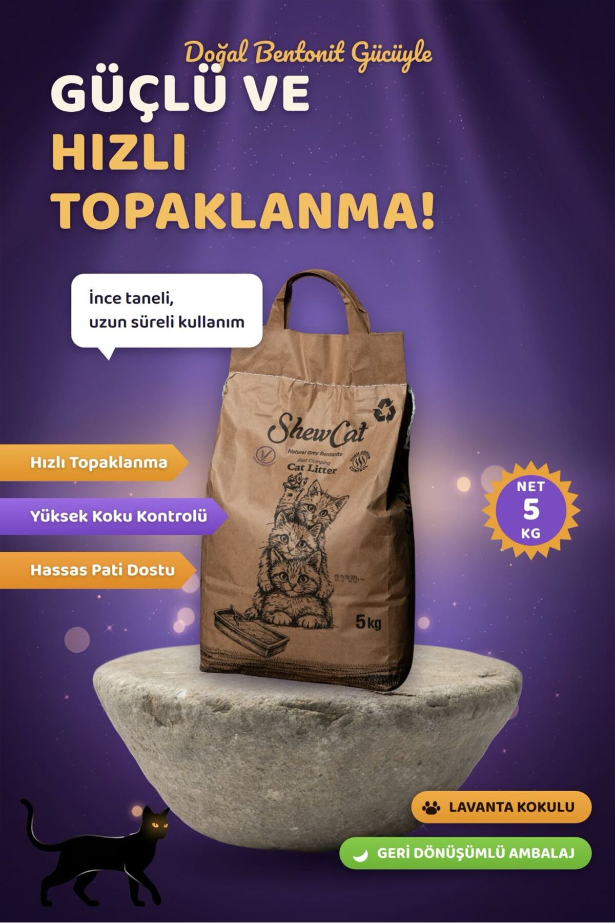 ShewCat Topaklanan, Tozsuz, Koku Hapseden Lavantalı Bentonit Kedi Kumu 5 Kg