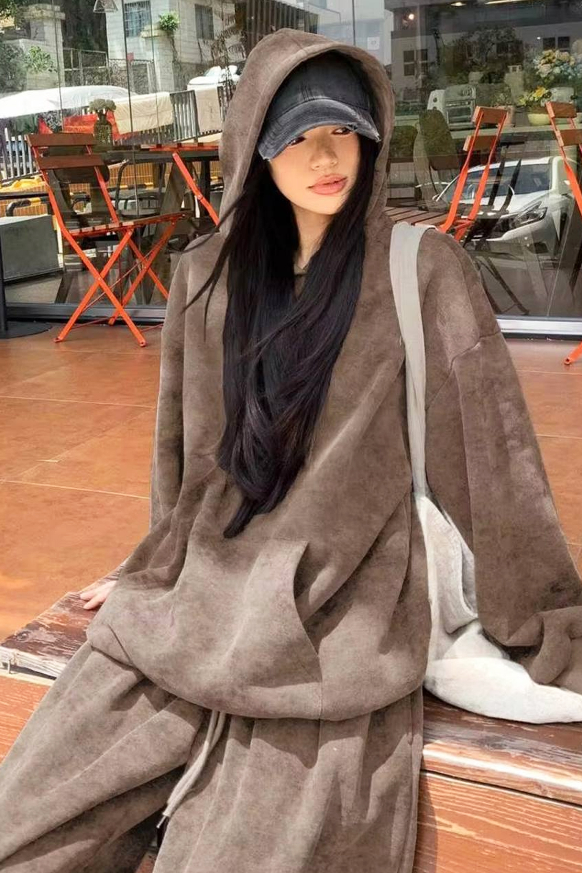 ست گرمکن شلوار حرمسرا گشاد و جیب‌دار کانگورو، بژ شسته شده، سه نخ، شسته شده — بژ K121WASHEDTAKIM — تصویر 3 از 7