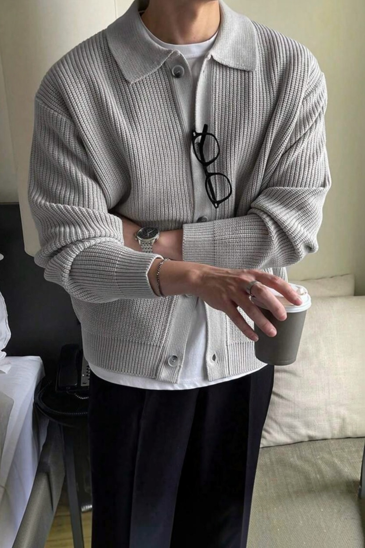 Erkek Polo Yaka Oversize Triko Hırka — خاکستری TRİKO-HIRKA — تصویر 4 از 5