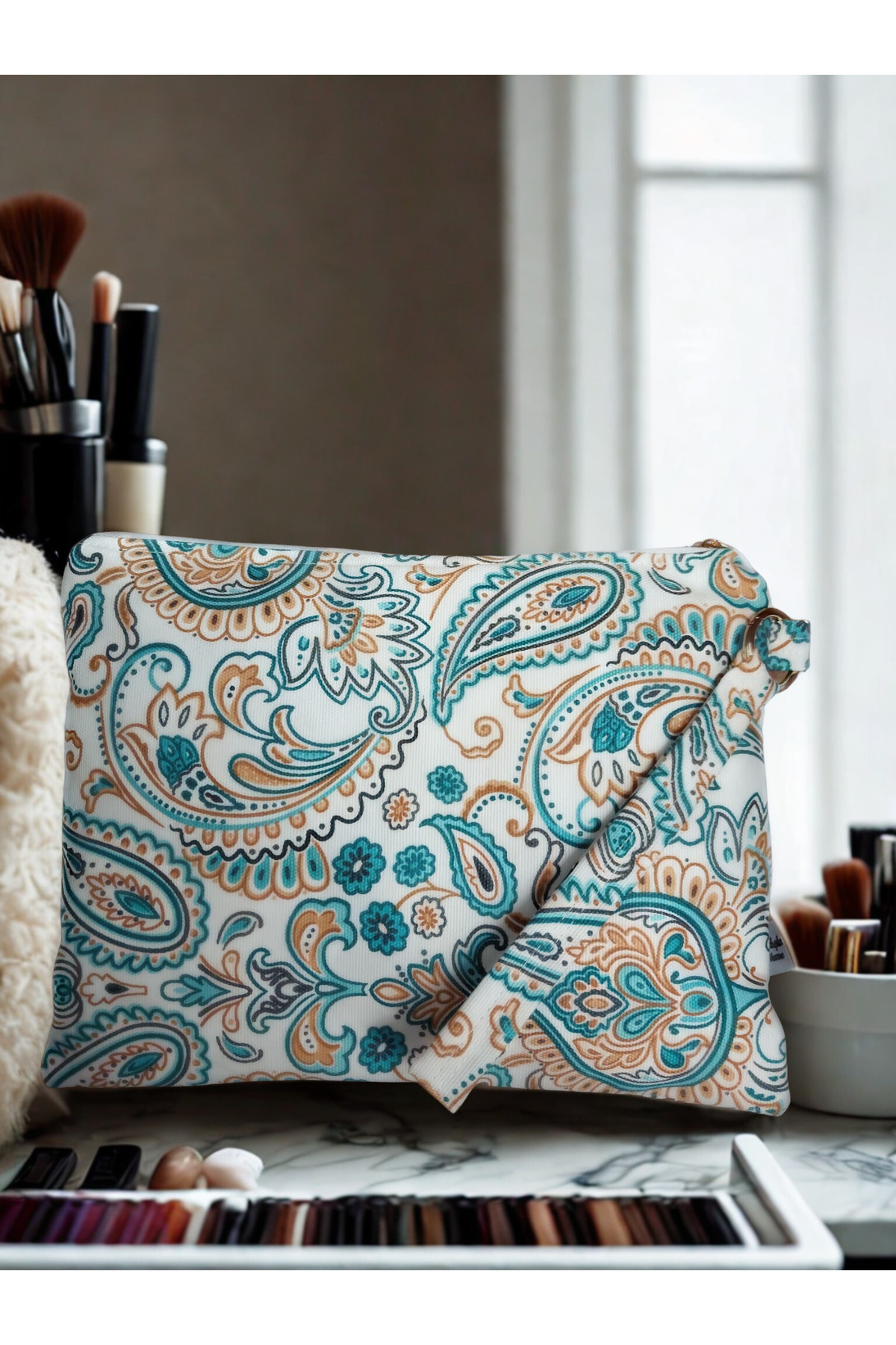 ADUŞKA Su Geçirmez Iç Astarlı Clutch Çanta, Makyaj Çantası (şal desen)
