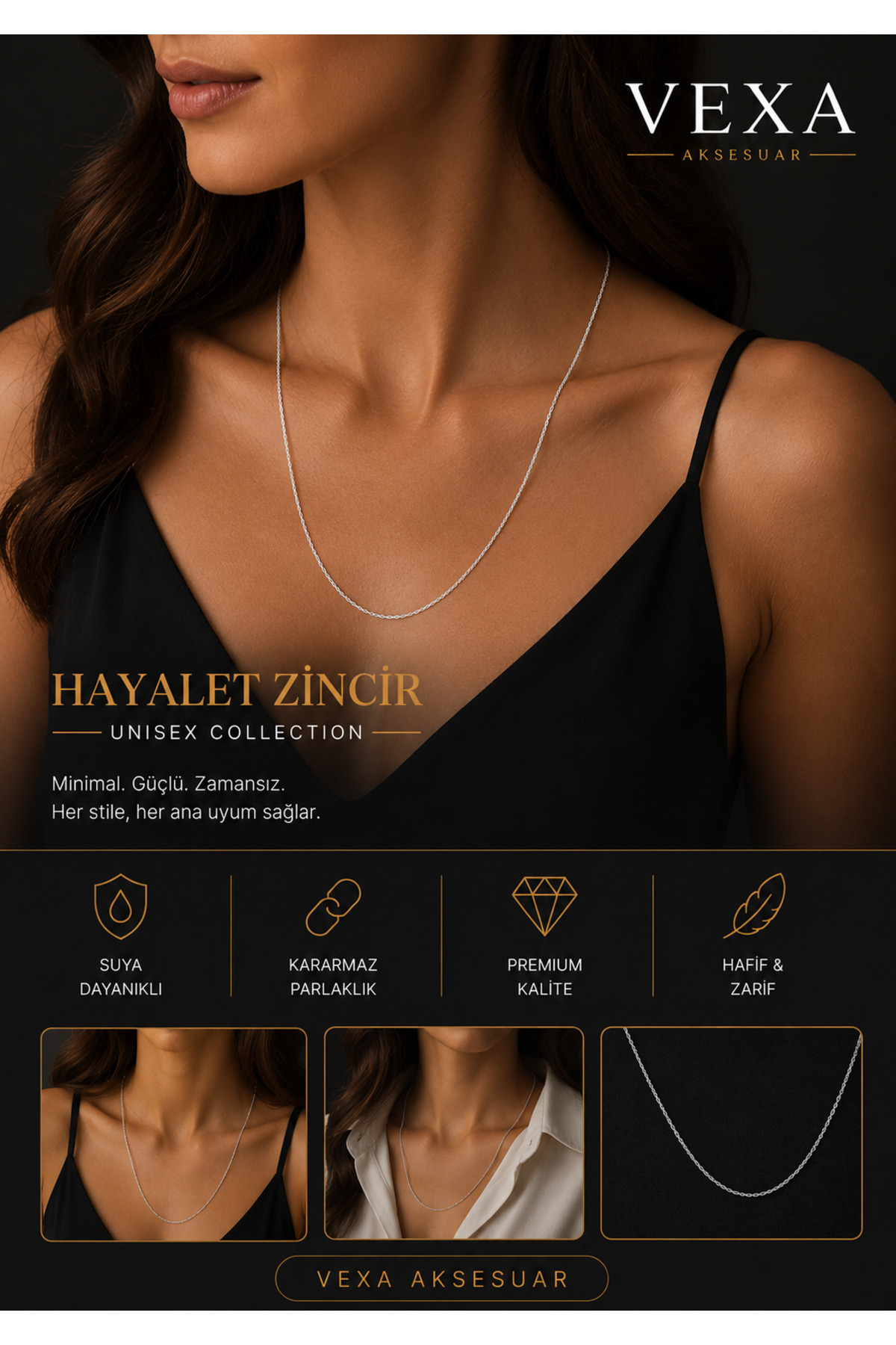 Vexa Aksesuar Hayalet Zincir 316L Kararmaz Çelik İnce Minimal Unisex Kolye Kutulu ve Hediyeli Gönderim görsel 4