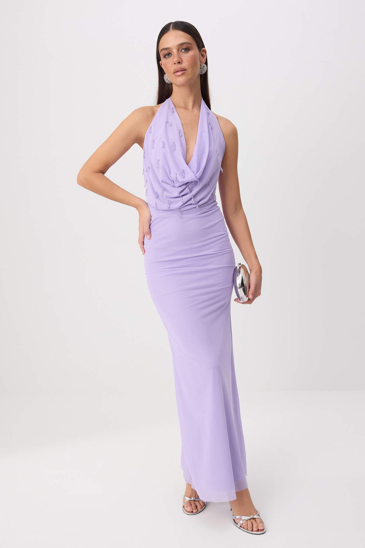 Trendyolmilla Lila Taş Detaylı Tül Astarlı Maxi Abiye & Mezuniyet Elbisesi TPRSS26AE00123