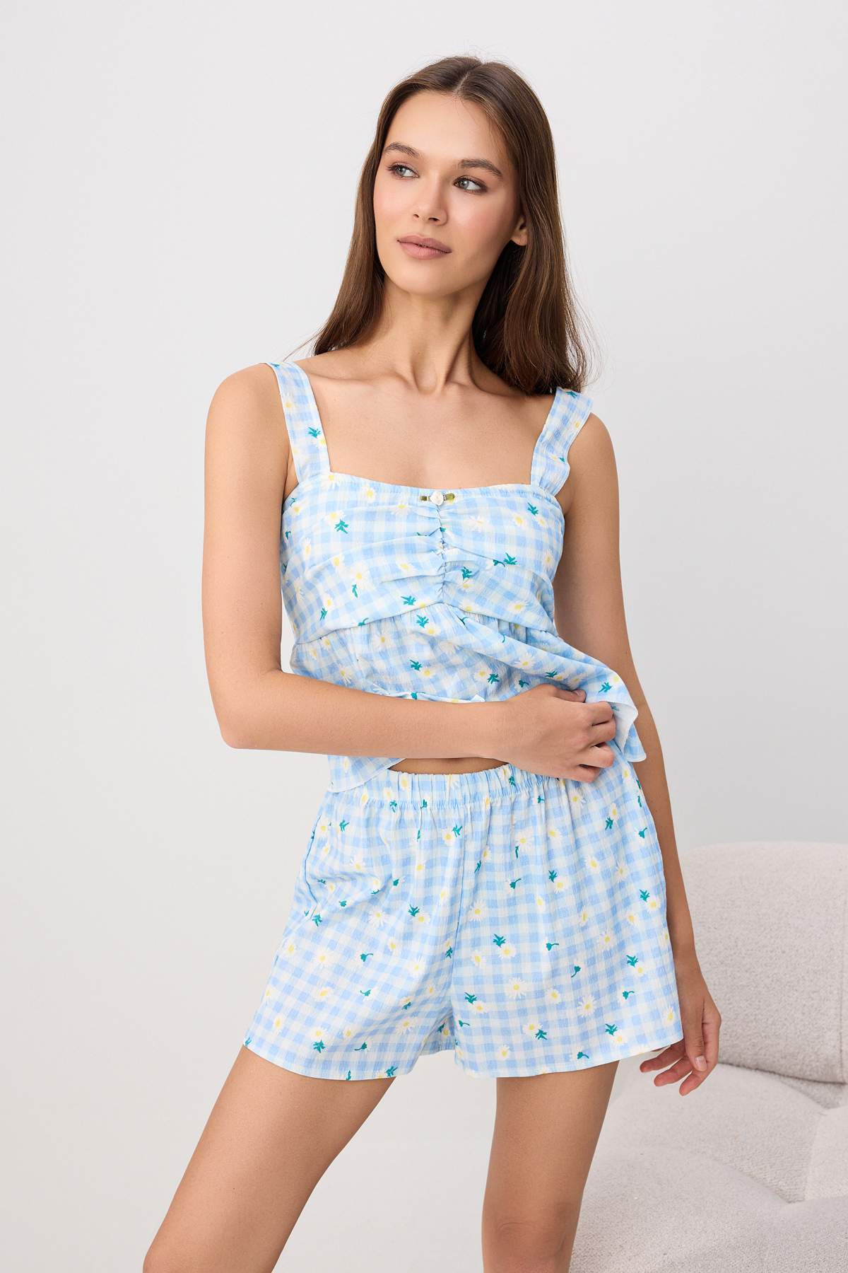 Trendyolmilla Mavi Çiçekli Gofre Dokuma Pijama Takımı THMSS26PT00205