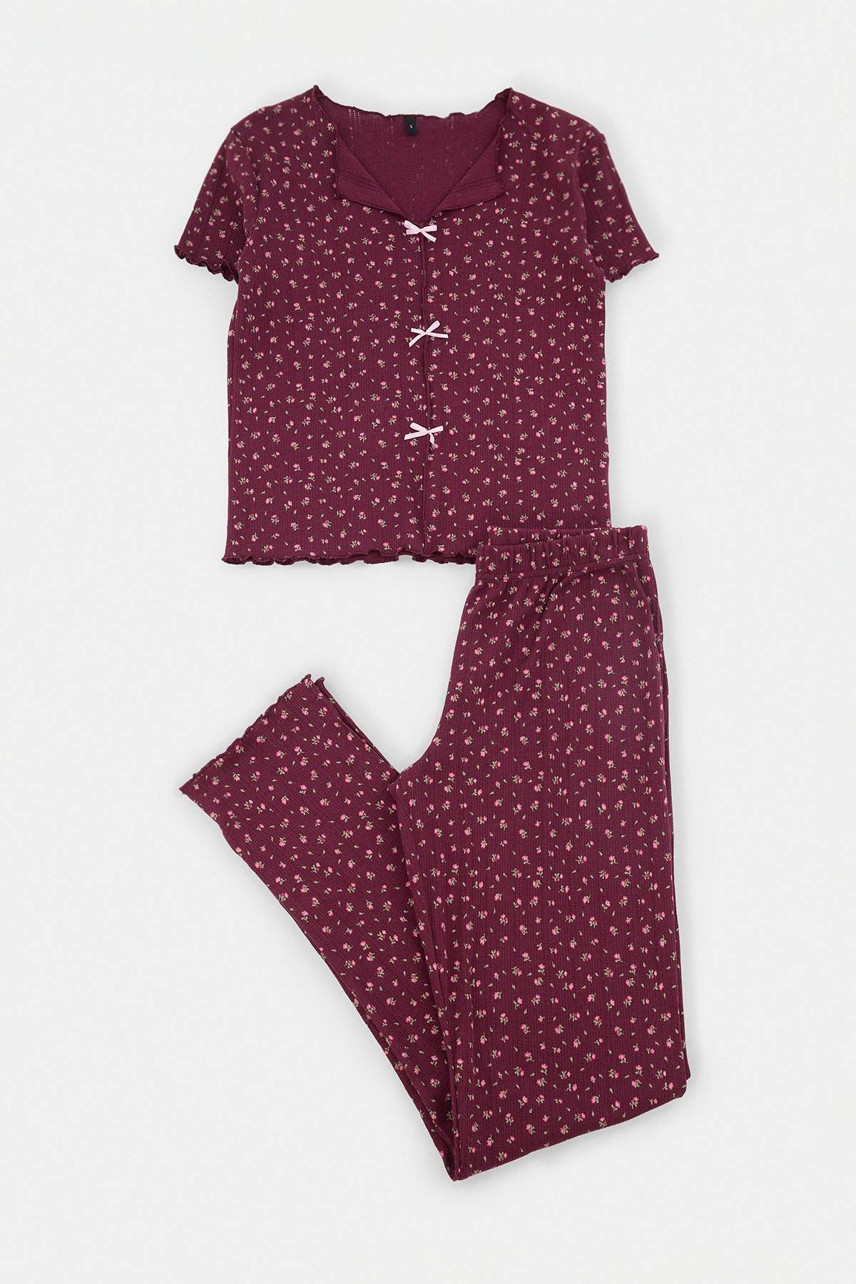 Trendyolmilla Mürdüm %100 Pamuklu Çiçekli Kurdele/Fiyonklu Fitilli/Pointel Örme Pijama Takımı THMSS26PT00010