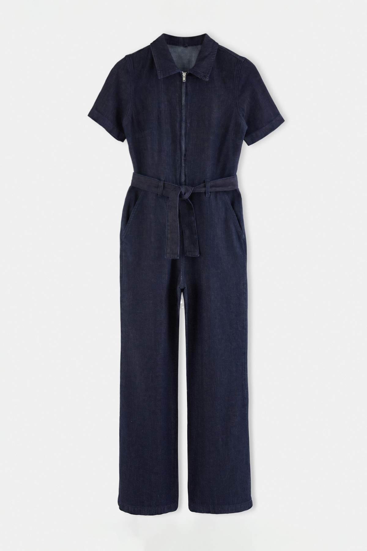 Trendyolmilla Koyu Mavi DÖKÜMLÜ Kısa Kollu Kemerli Denim Tulum TWOAW27TU00004
