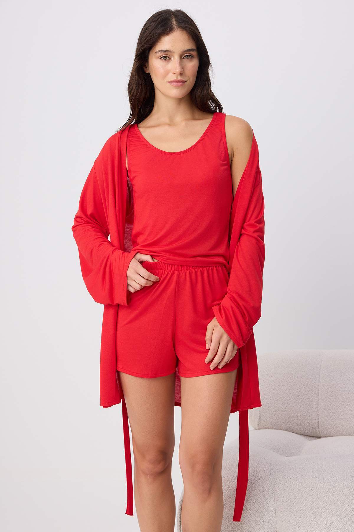 Trendyolmilla Kırmızı Viskoz Karışımlı Düz Viskon Süprem Örme Pijama Takımı THMSS26PT00275
