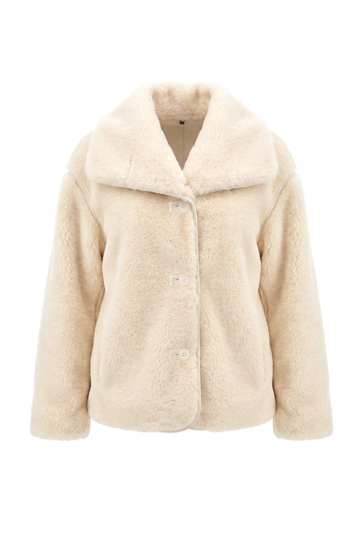 Trendyolmilla Ekru Oversize Kalıp Peluş Mont TWOAW26MO00062