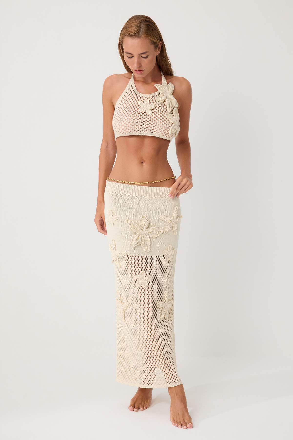Trendyol Kollektion Ecru Strickwaren-Set mit durchbrochenem Neckholder-Strand...