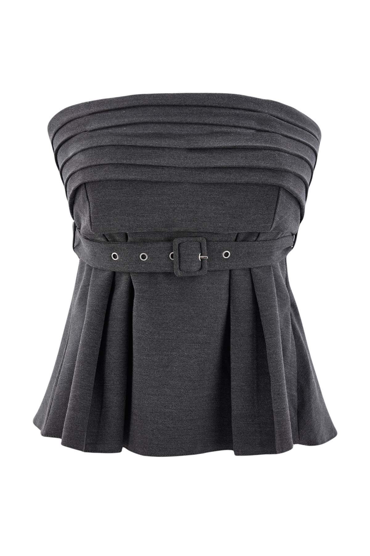 Trendyolmilla Antrasit Kemerli Pili Detaylı Dokuma Bluz TWOAW27BZ00138