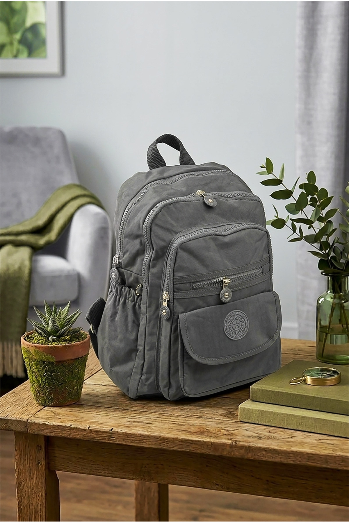 Small Size 33 cm Krinkle/clinker Waterproof Fabric Multi-Eye Casual Women Backpack Grey 8317