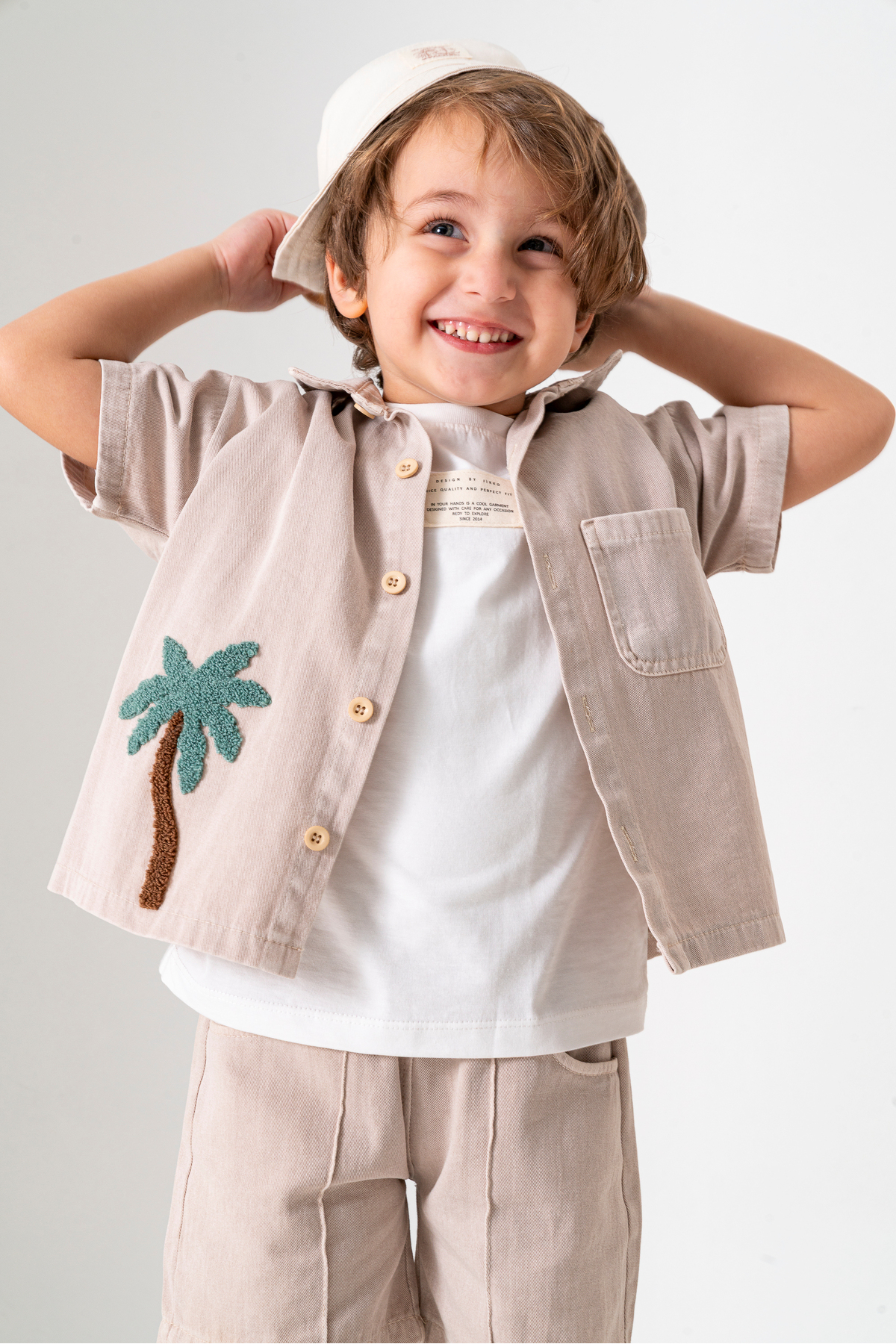 Palm Embroidered Short Sleeve Shirt Shorts 3pcs Boys Set 3702